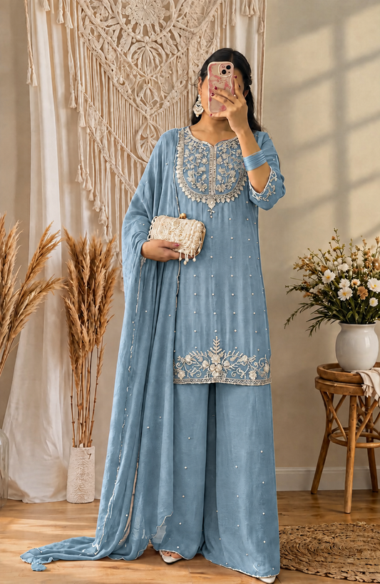 Pastel Blue Embroidered Kurta Set for Women with Palazzo Pants & Dupatta | Elegant Festive & Party Wear