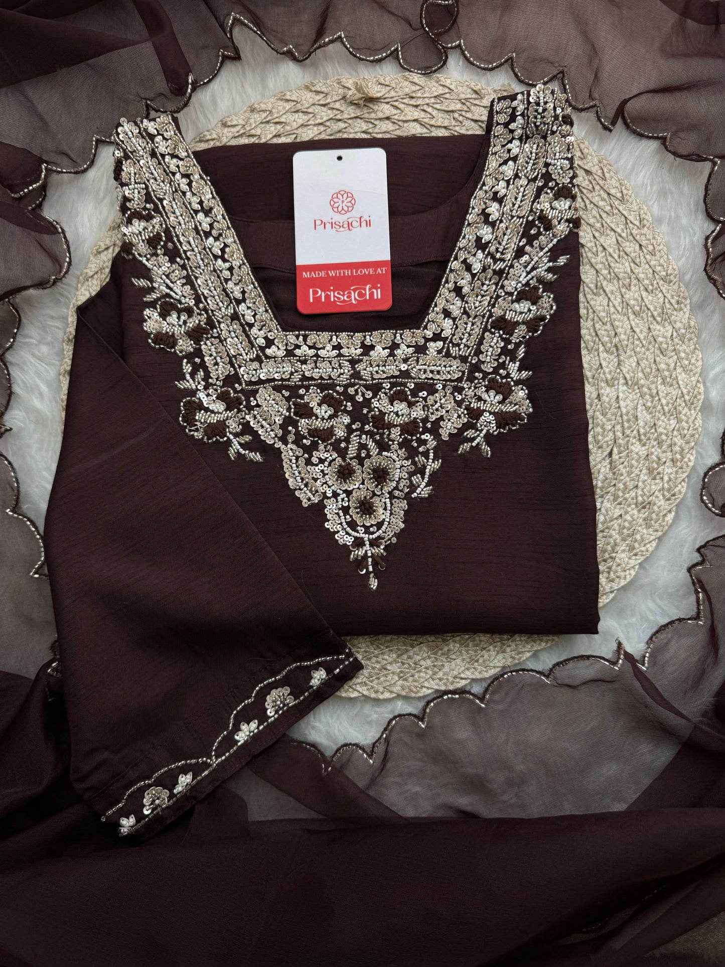 Brown hand embroidered kurta pant with dupatta - Prisachi Official