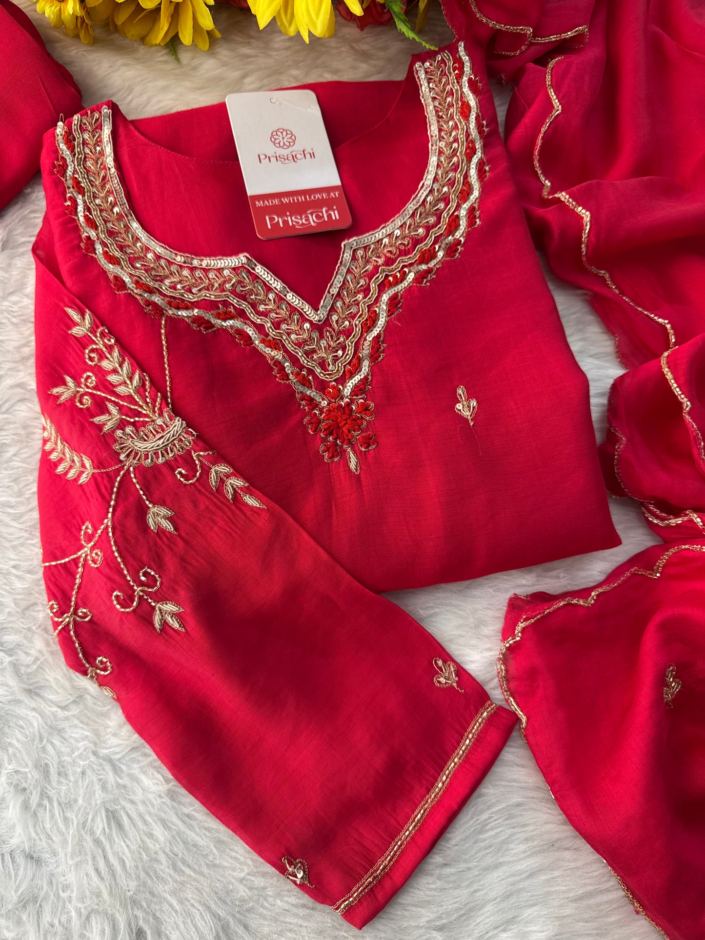 Pink Embroidered A-Line kurta set with dupatta and Pant - Prisachi Official
