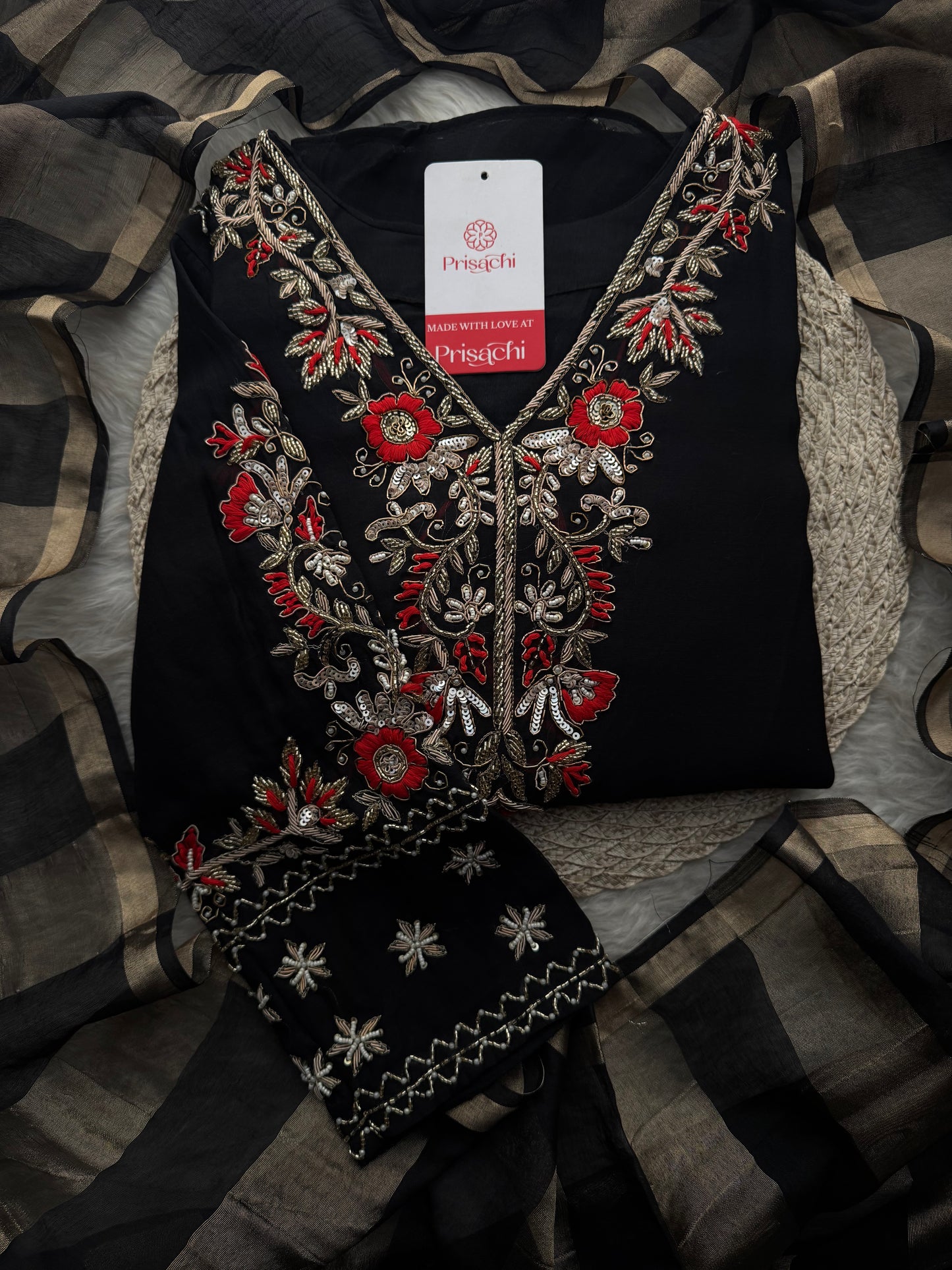 Black Embroidered Ethnic Kurta Set for Women with Pants & Dupatta
