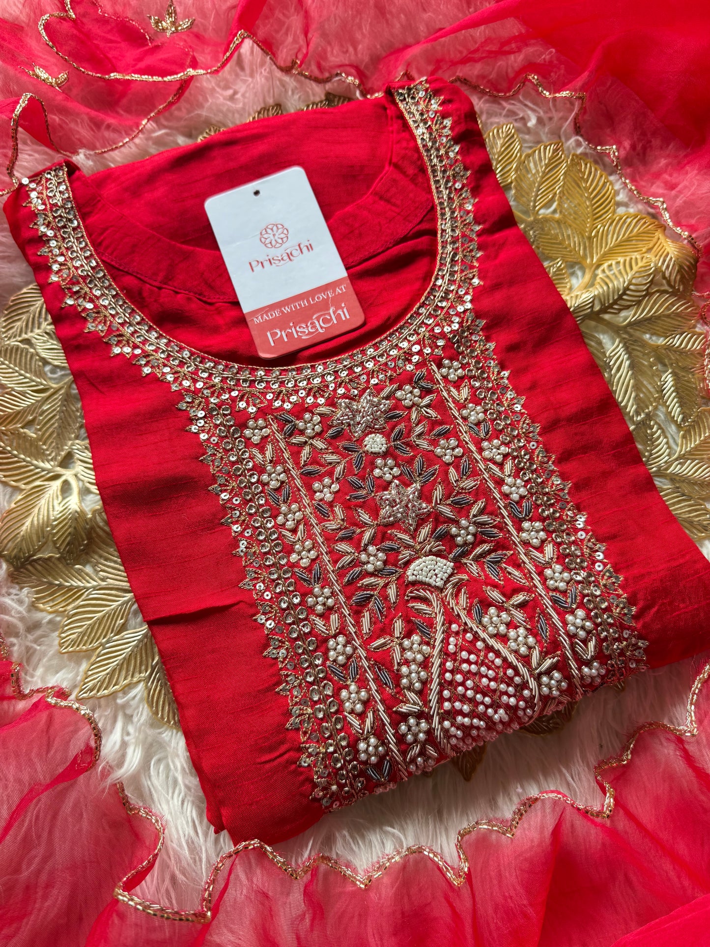 Red designer embroidered kurta set with dupatta