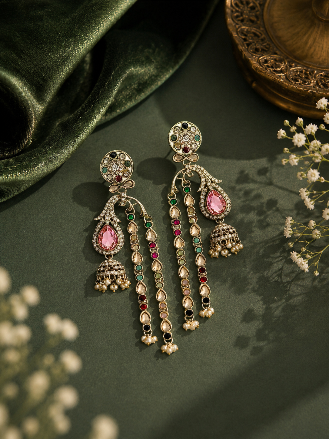 Gold-Plated Multicolor Kundan & Pink Stone Earrings for Women