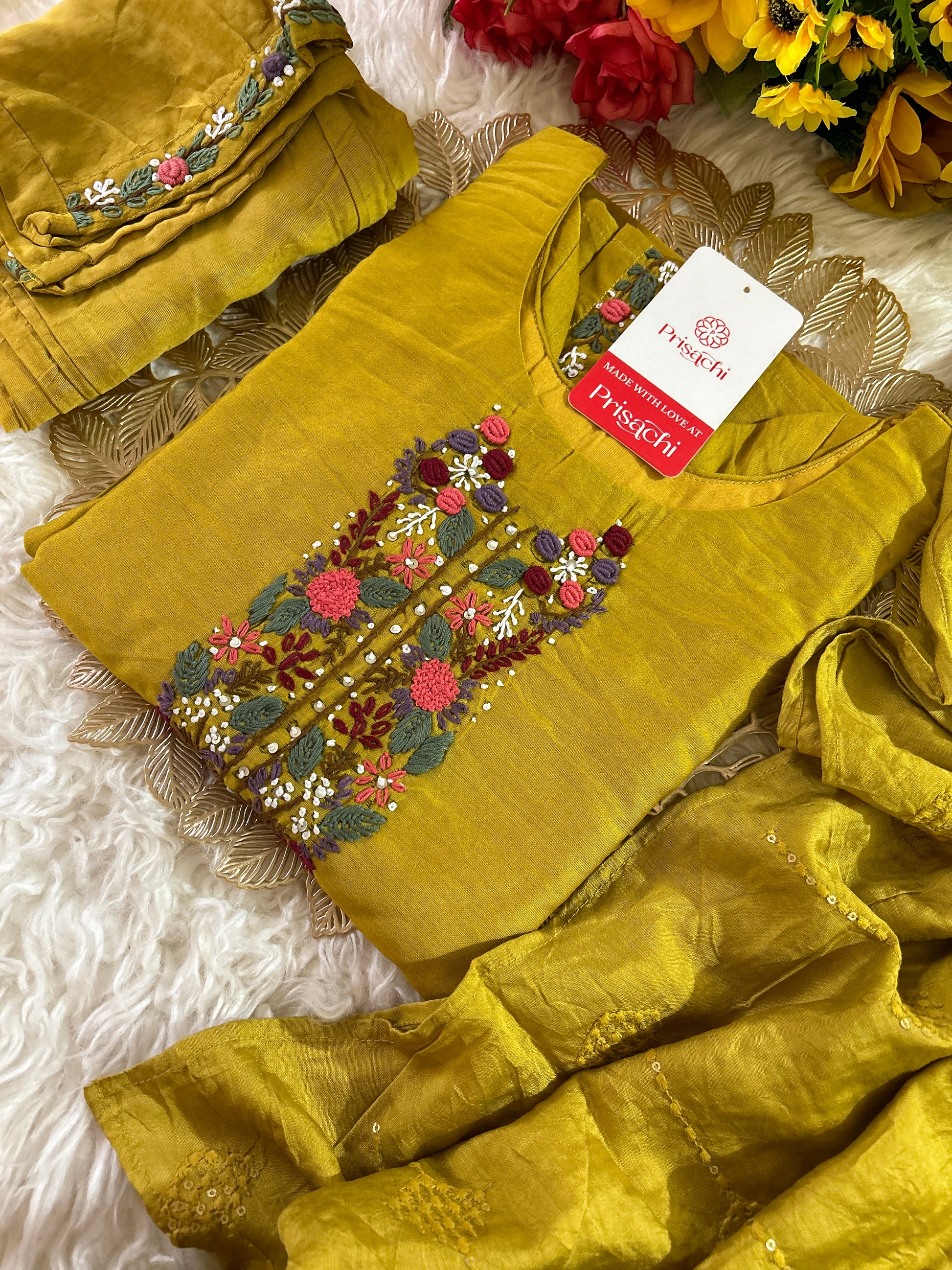 Yellow embroidered chanderi silk kurta set with dupatta - Prisachi Official