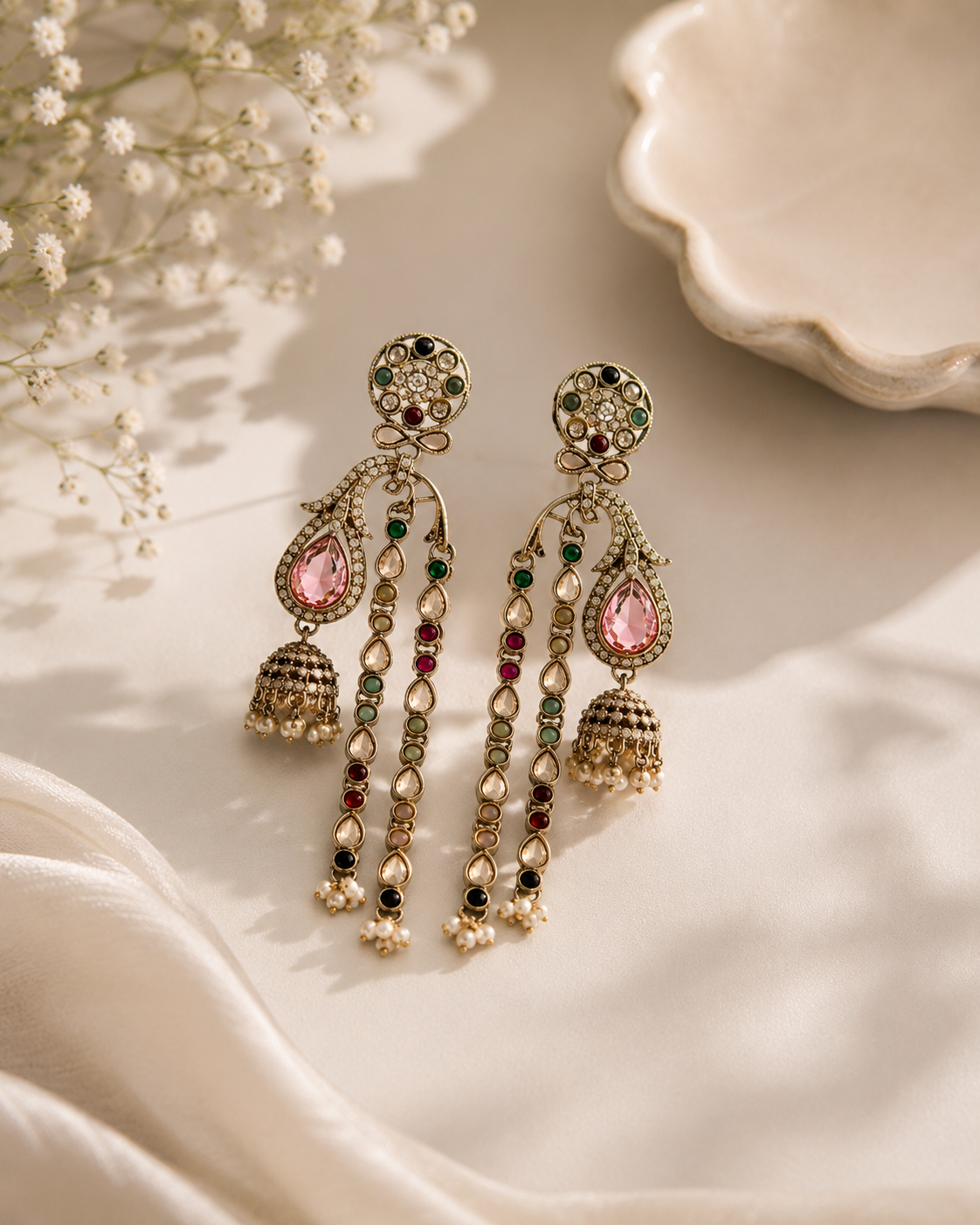 Gold-Plated Multicolor Kundan & Pink Stone Earrings for Women
