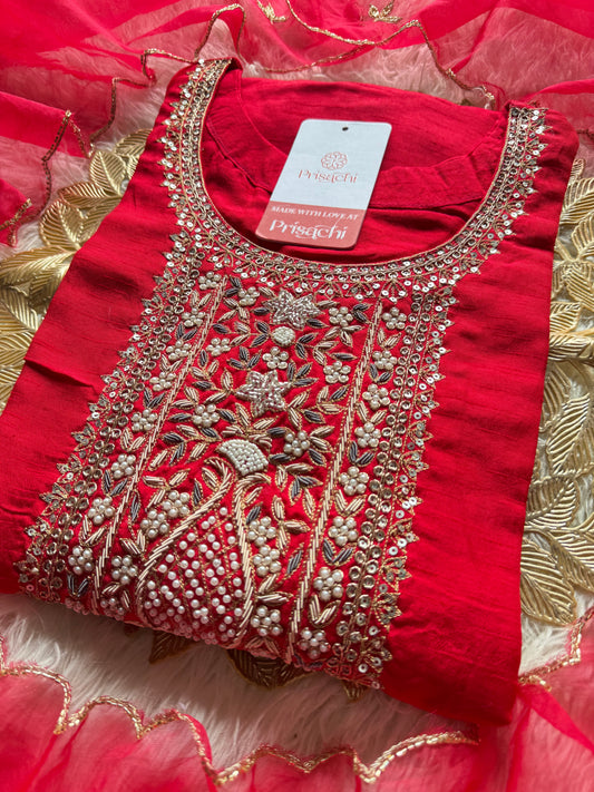 Red designer embroidered kurta set with dupatta