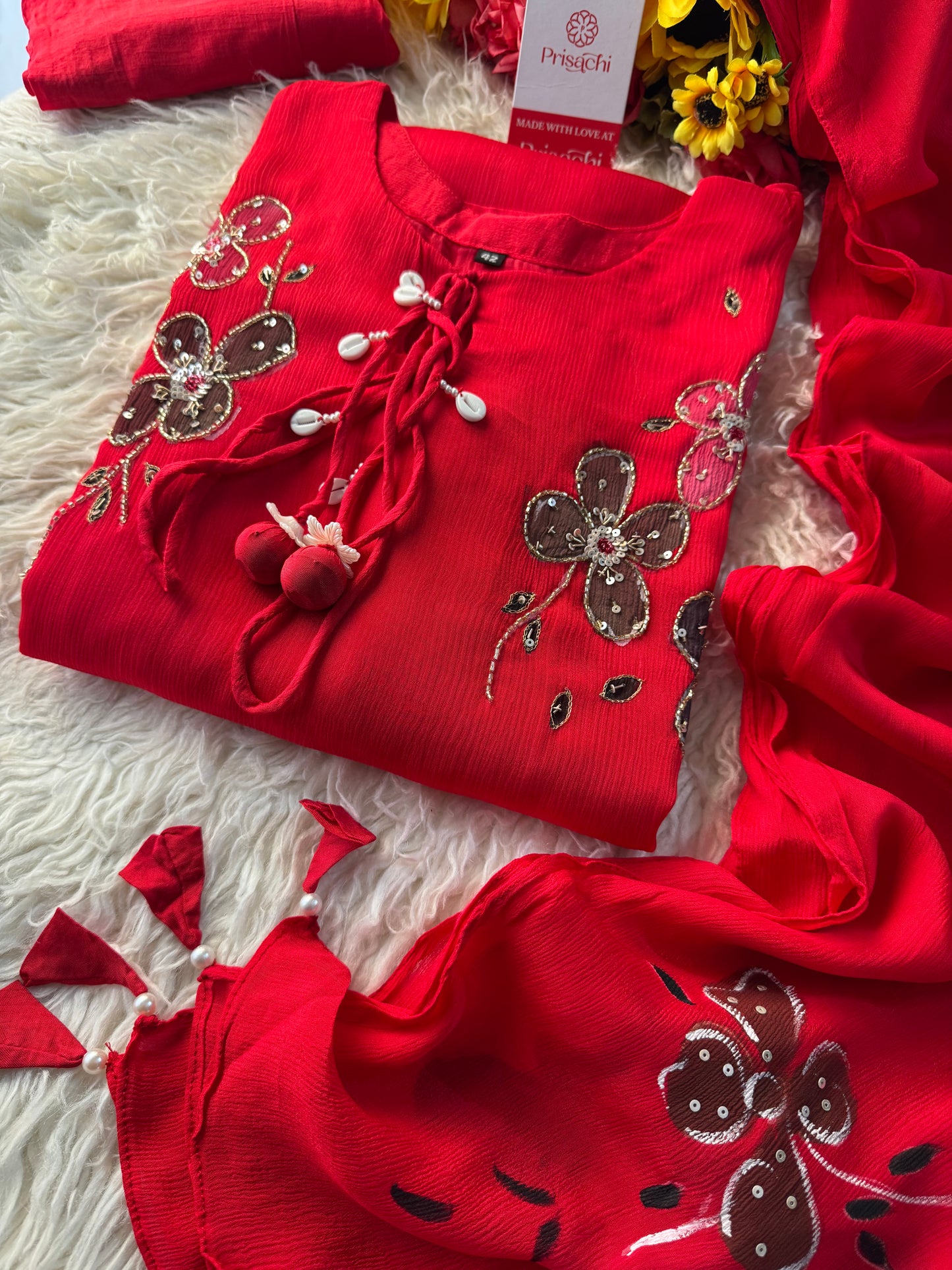 Green hand embroidered A Line kurta pant with dupatta