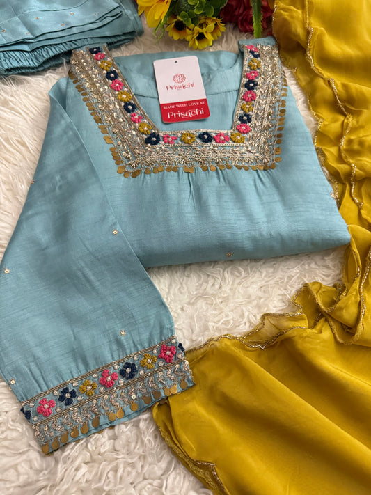 Blue embroidered kurta Bottom with dupatta