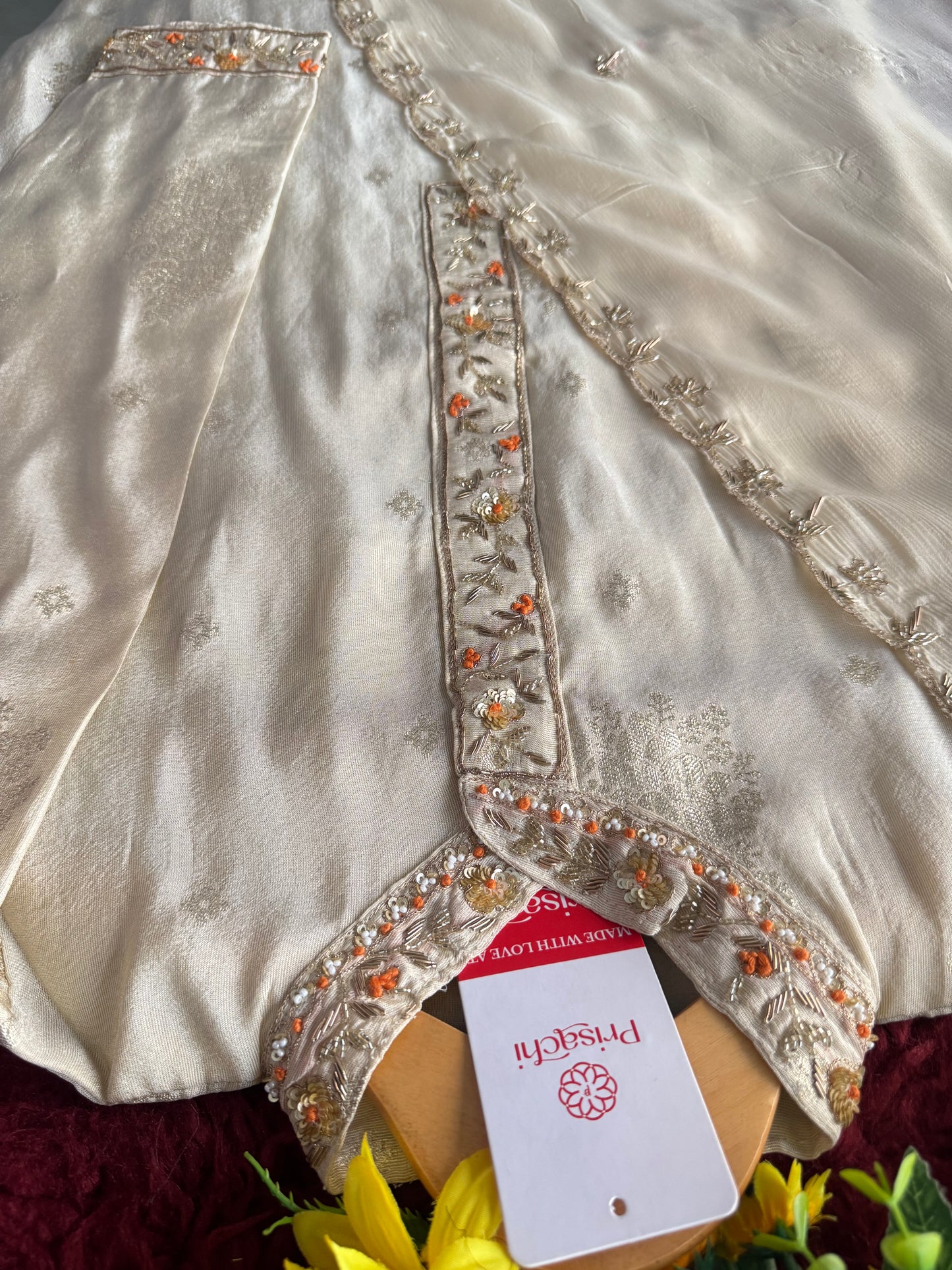 Off White Designer Embroidered Kurta set with dupatta with Pant - Prisachi Official
