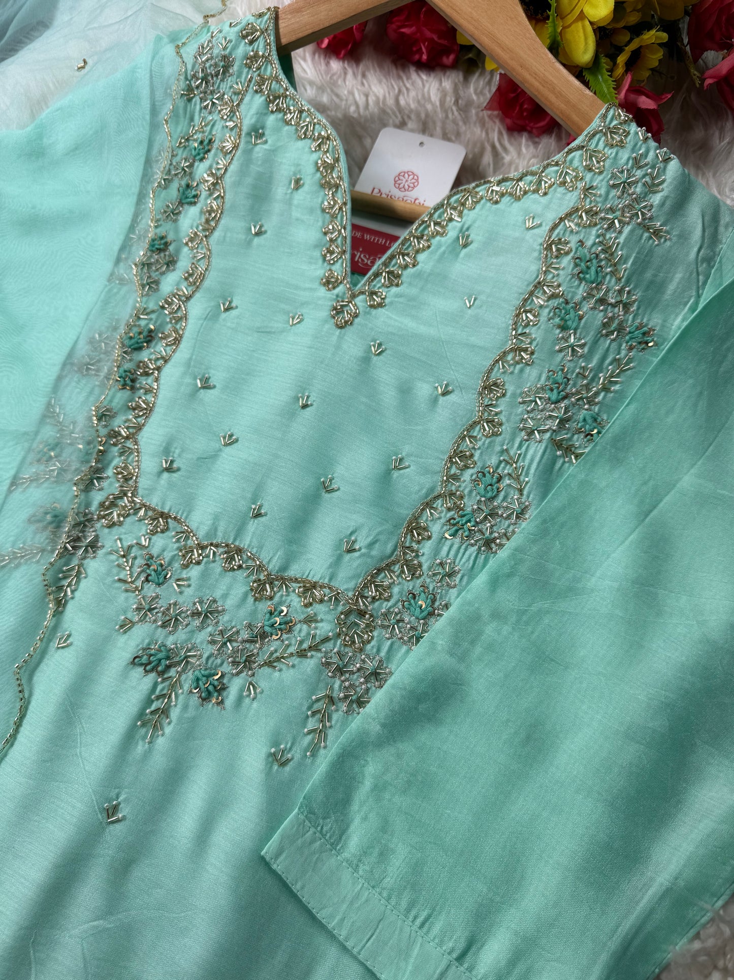 Sky blue Embroidered kurta Pant  with dupatta with Zardosi work