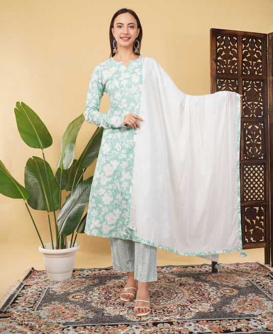 Prisachi Cotton A-line Kurti with pockets, comfy pant, and dupatta for Women
