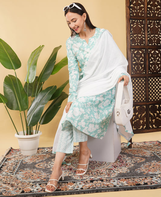 Prisachi Cotton A-line Kurti with pockets, comfy pant, and dupatta for Women