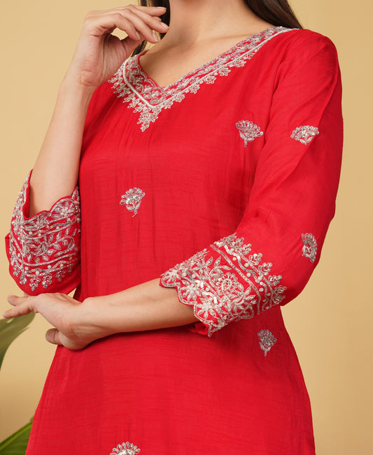 Prisachi Red embroidered kurta Pant with dupatta for Women
