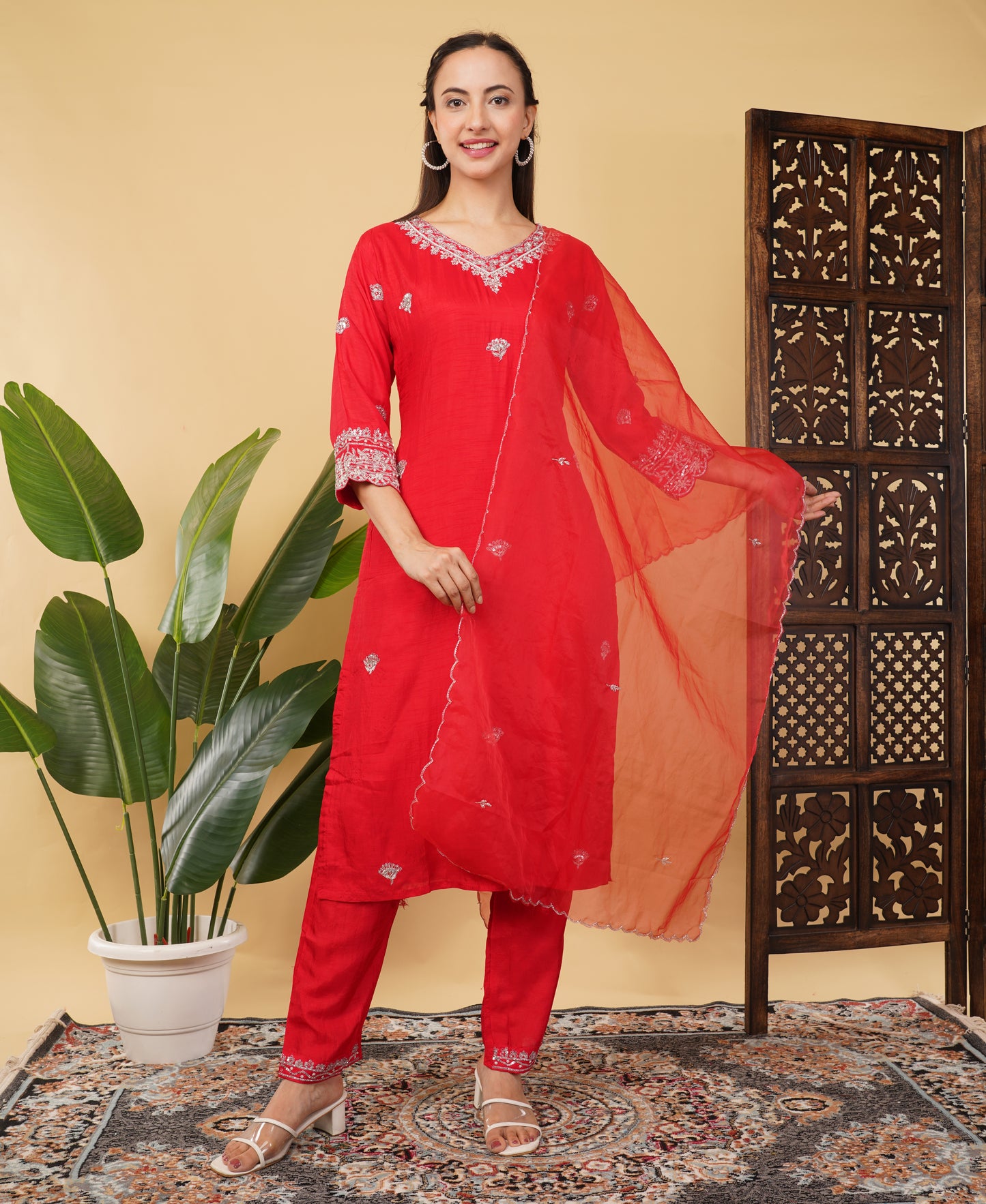 Prisachi Red embroidered kurta Pant with dupatta for Women