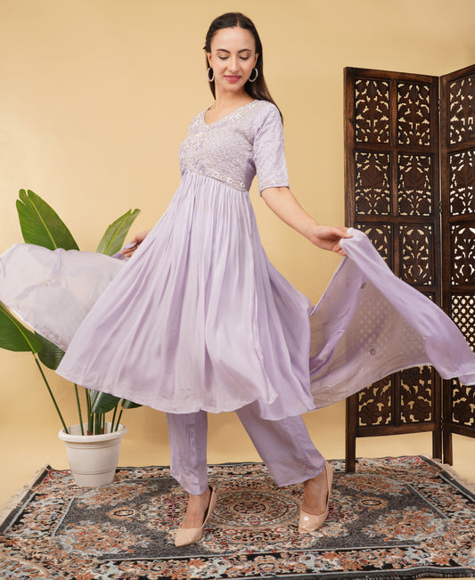 Prisachi Lavender Embroidered Alia cut Anarkali dress for Women