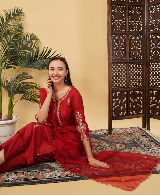 Prisachi Red Embroidered kurta set with dupatta