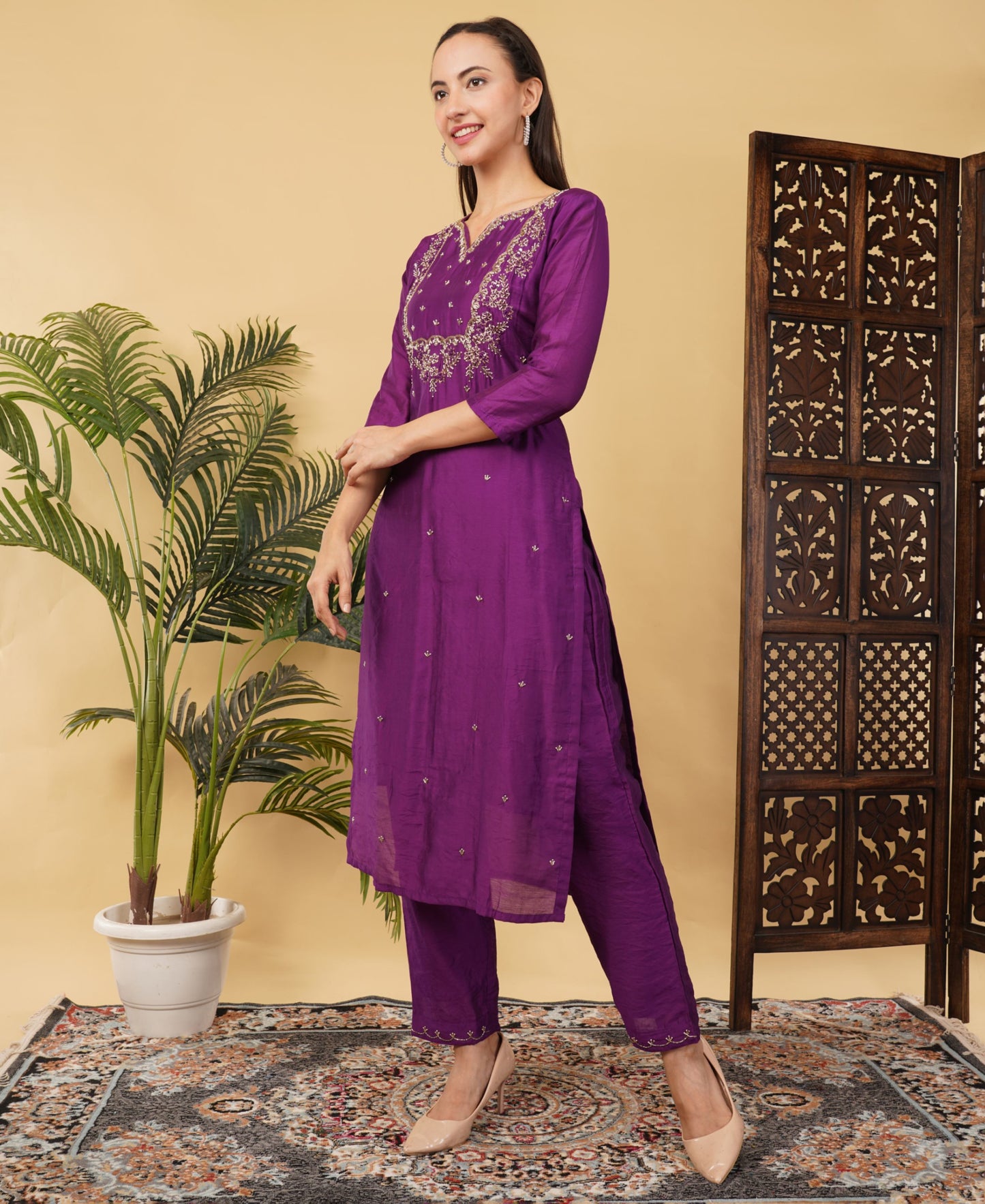 Purple Designer Ethnic Embroidered Kurta Set with Dupatta & Pants - Prisachi Official