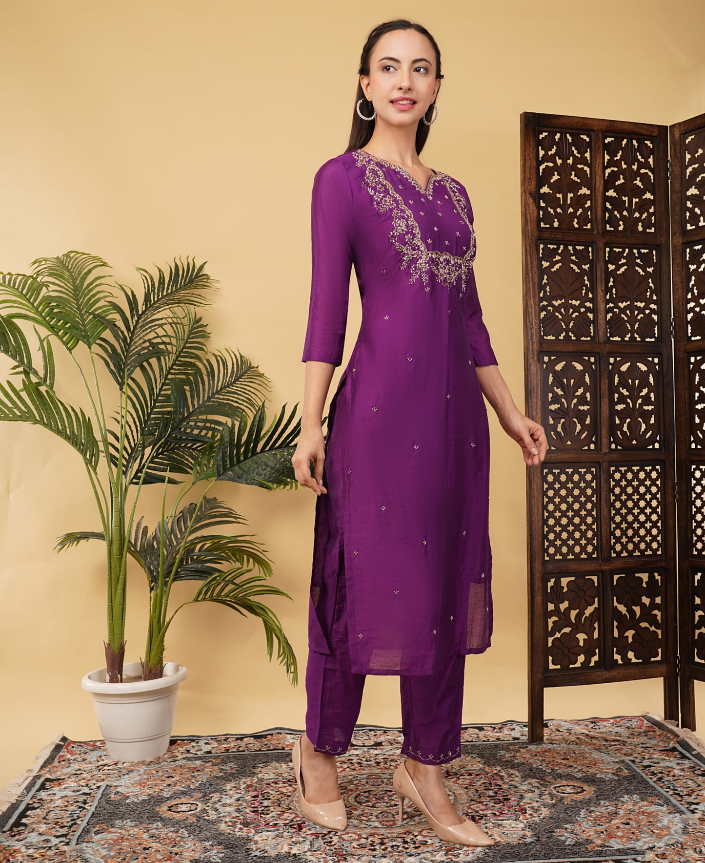 Purple Designer Ethnic Embroidered Kurta Set with Dupatta & Pants - Prisachi Official