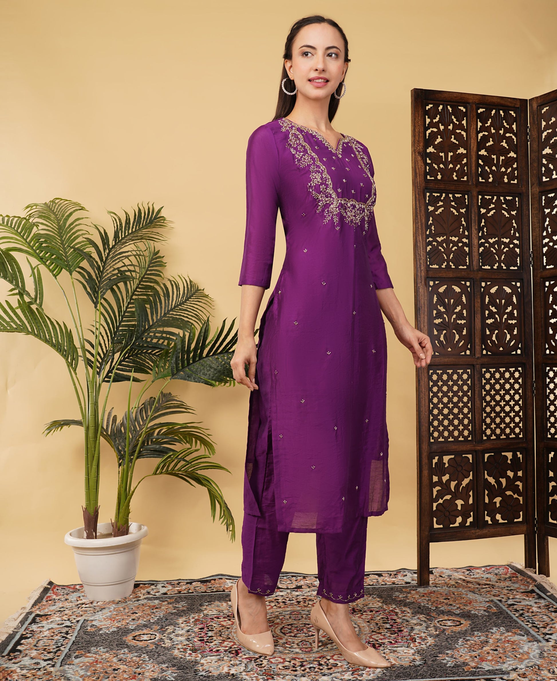 Purple Designer Ethnic Embroidered Kurta Set with Dupatta & Pants - Prisachi Official