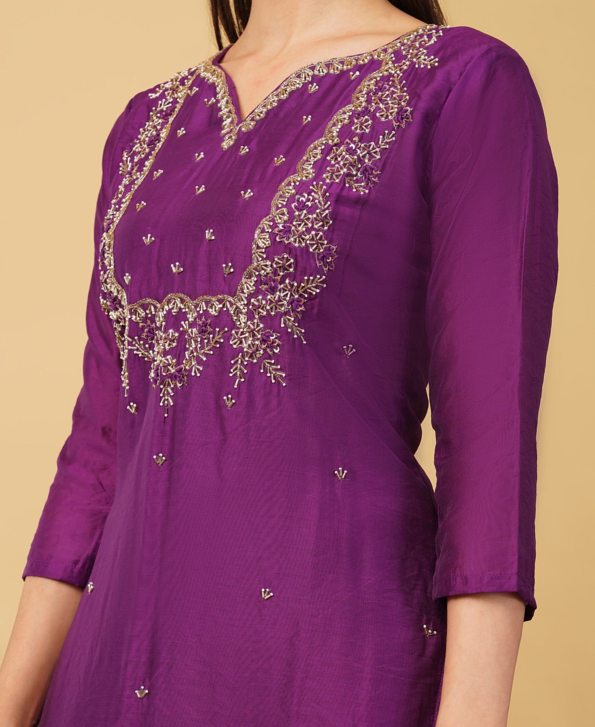 Purple Designer Ethnic Embroidered Kurta Set with Dupatta & Pants - Prisachi Official
