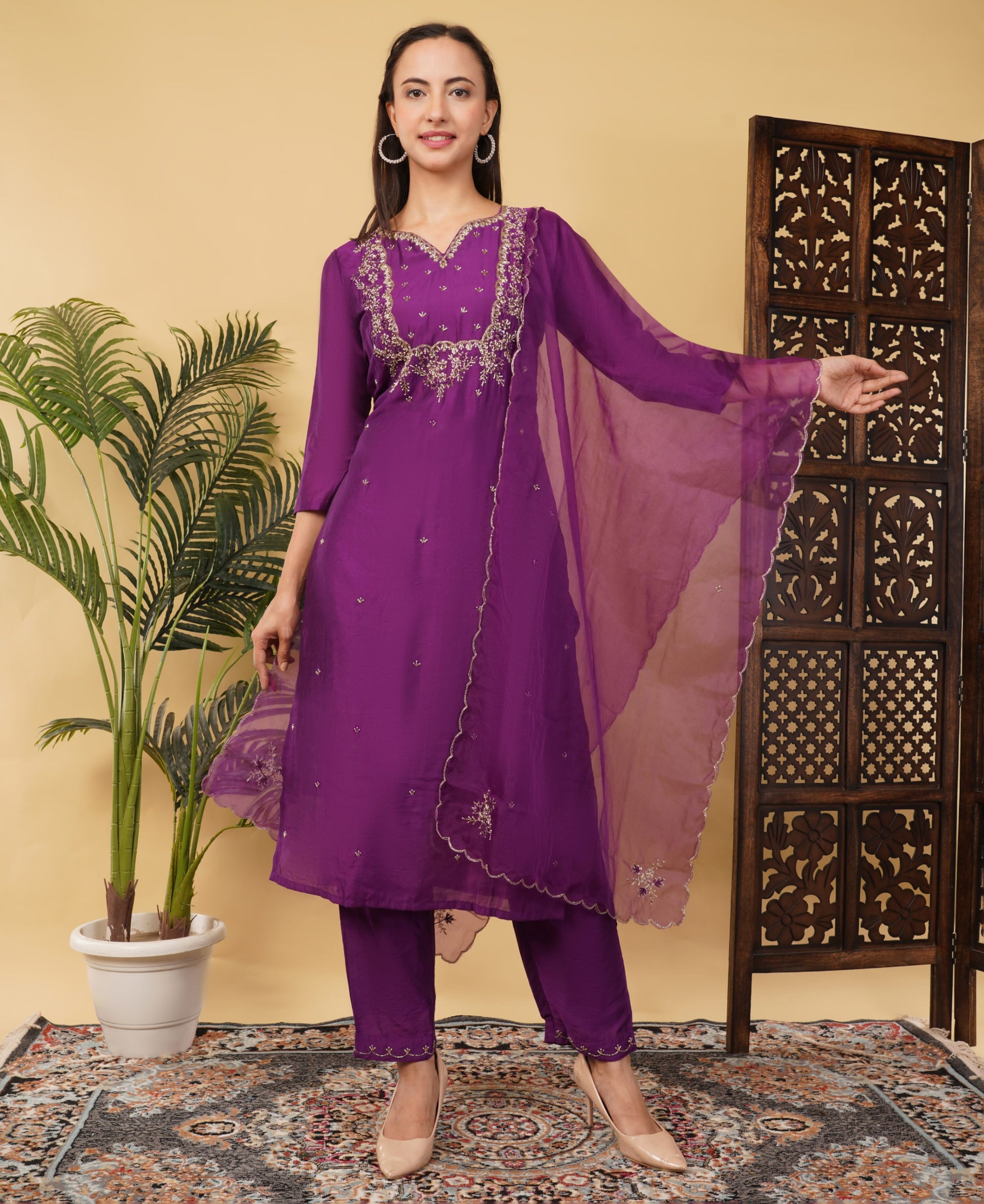 Purple Designer Ethnic Embroidered Kurta Set with Dupatta & Pants - Prisachi Official