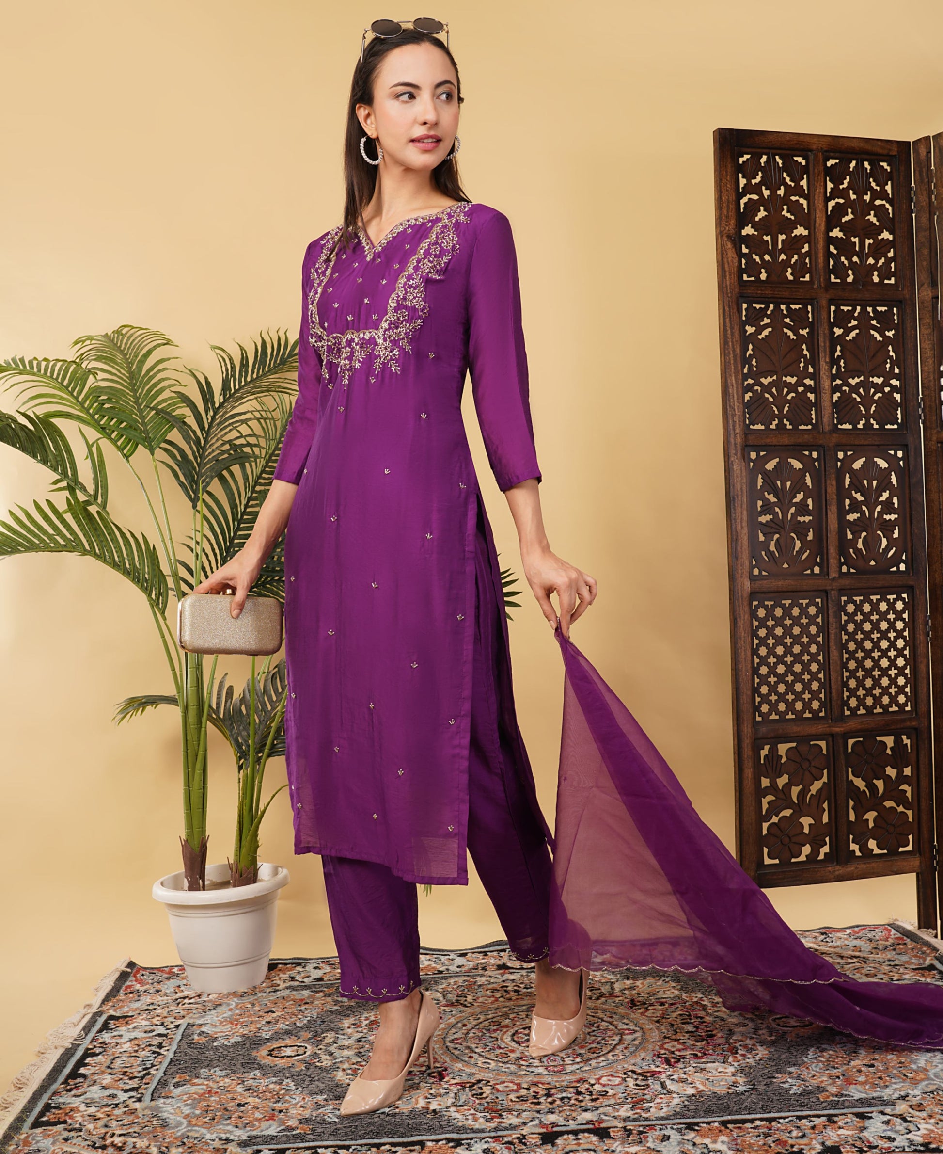 Purple Designer Ethnic Embroidered Kurta Set with Dupatta & Pants - Prisachi Official