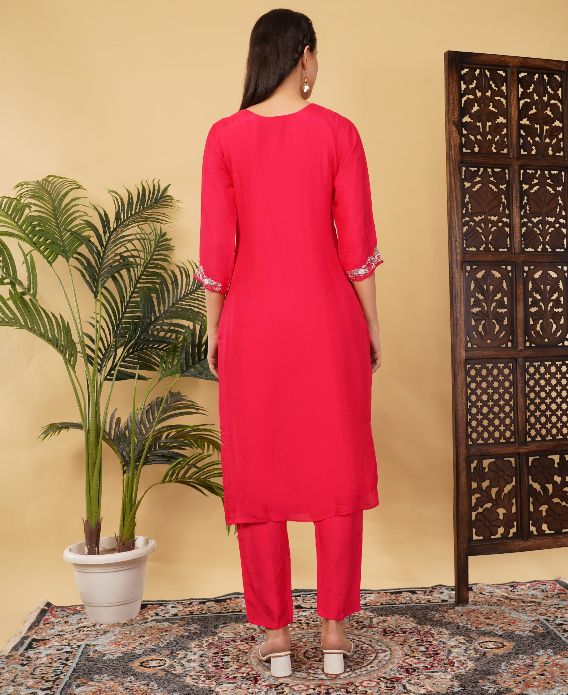 Pink Designer Ethnic Embroidered Kurta Set with Pants & Dupatta - Prisachi Official