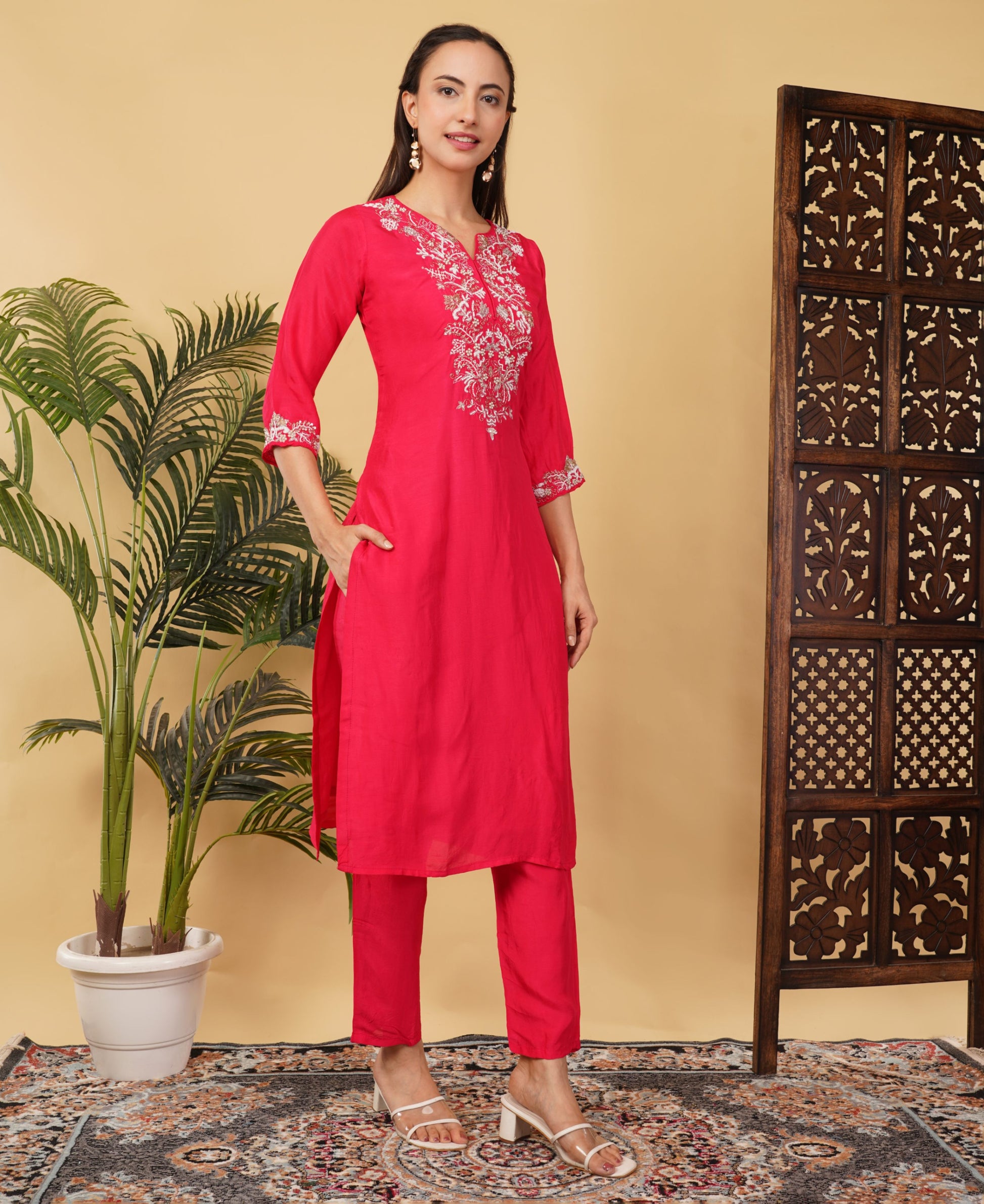 Pink Designer Ethnic Embroidered Kurta Set with Pants & Dupatta - Prisachi Official
