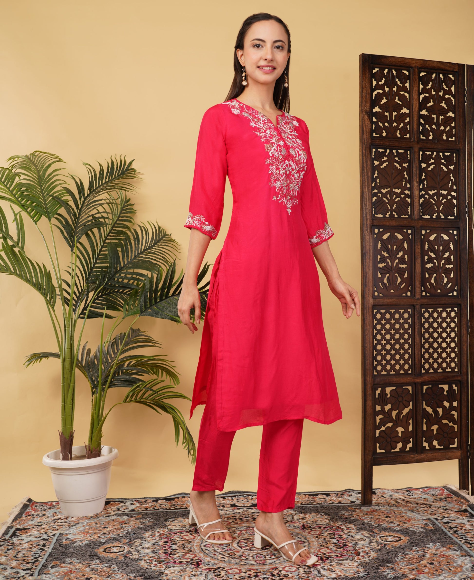 Pink Designer Ethnic Embroidered Kurta Set with Pants & Dupatta - Prisachi Official
