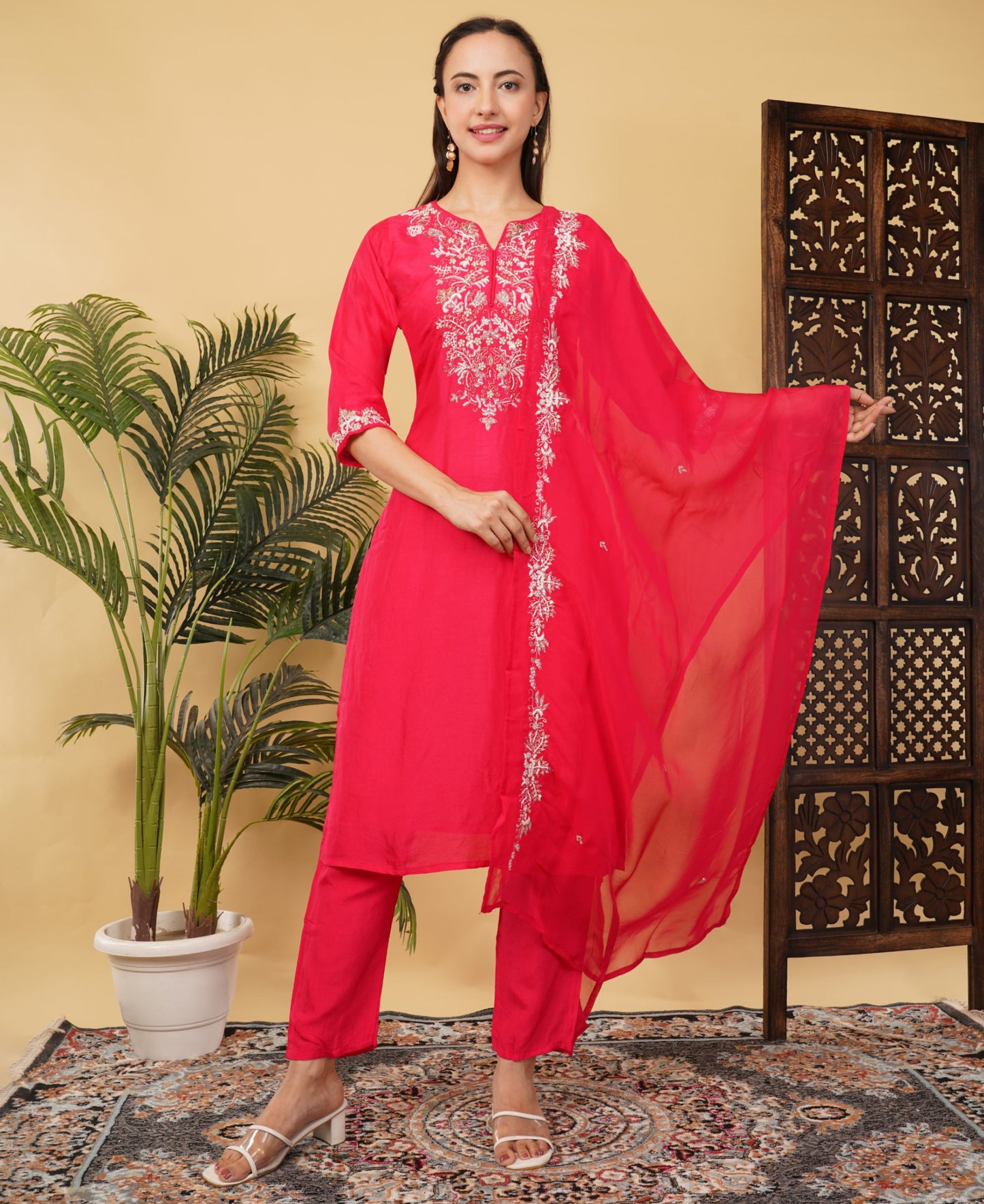 Pink Designer Ethnic Embroidered Kurta Set with Pants & Dupatta - Prisachi Official