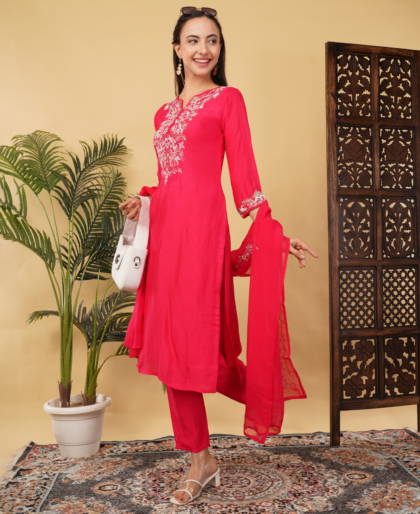 Pink Designer Ethnic Embroidered Kurta Set with Pants & Dupatta - Prisachi Official