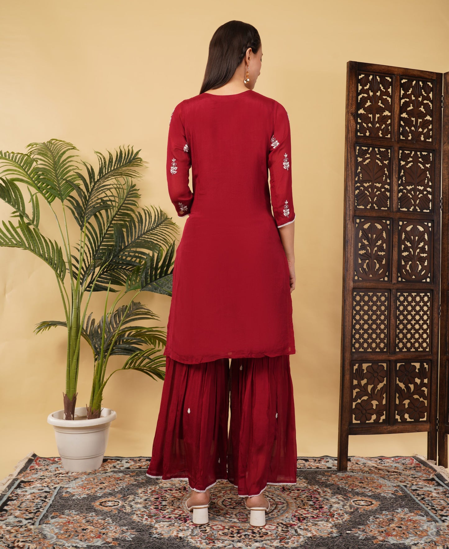 Maroon Ethnic Embroidered Sharara Set with Kurta & Dupatta - Prisachi Official
