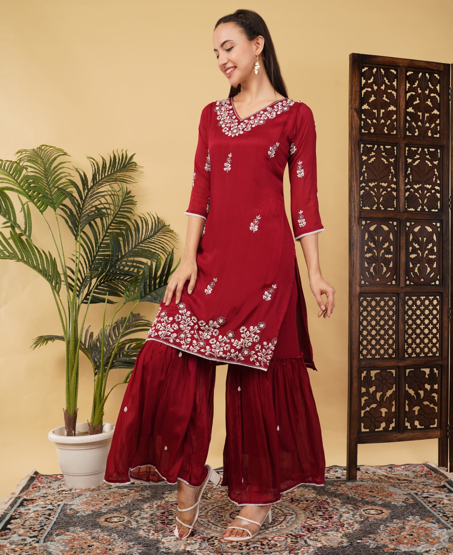 Maroon Ethnic Embroidered Sharara Set with Kurta & Dupatta - Prisachi Official