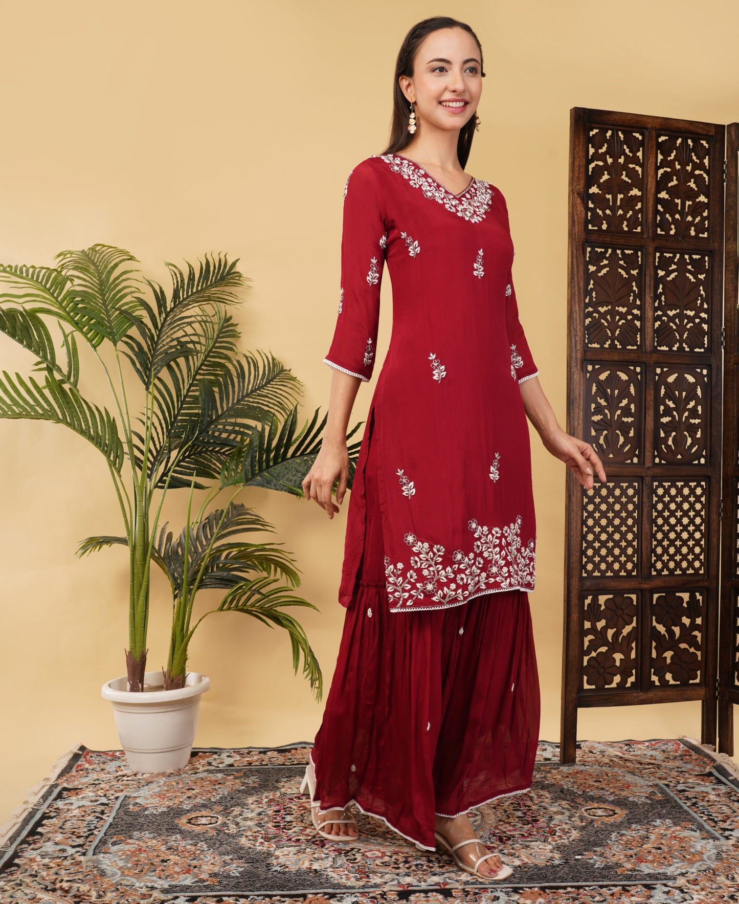 Maroon Ethnic Embroidered Sharara Set with Kurta & Dupatta - Prisachi Official