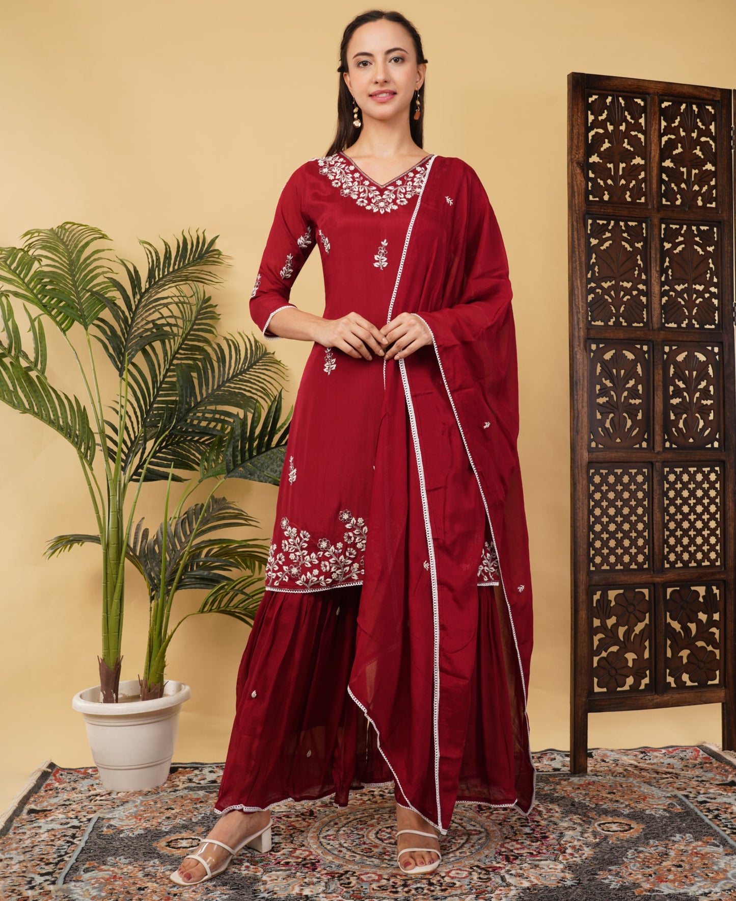 Maroon Ethnic Embroidered Sharara Set with Kurta & Dupatta - Prisachi Official