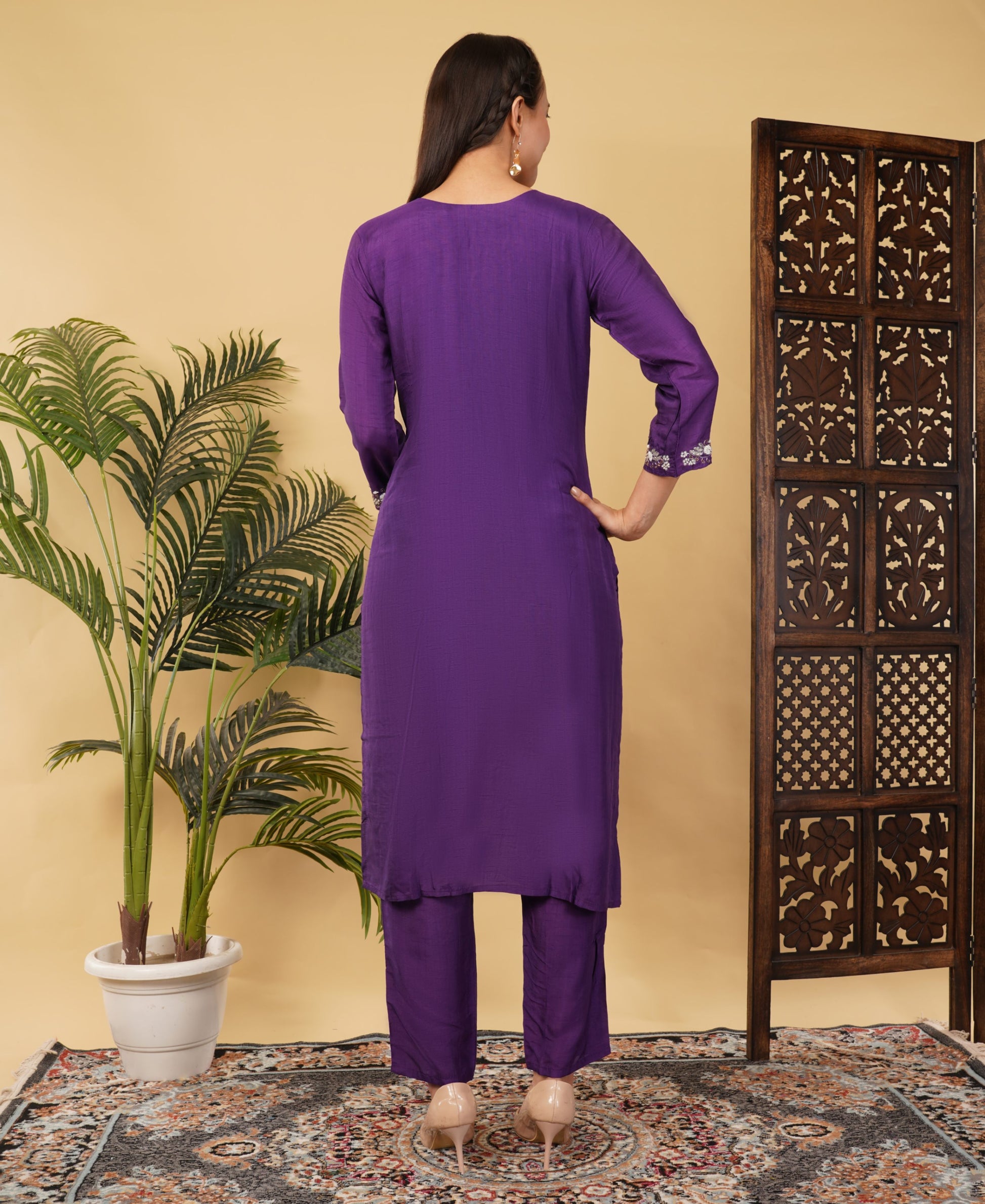 Purple Designer Embroidered Ethnic Kurta Set with Pant & Dupatta - Prisachi Official