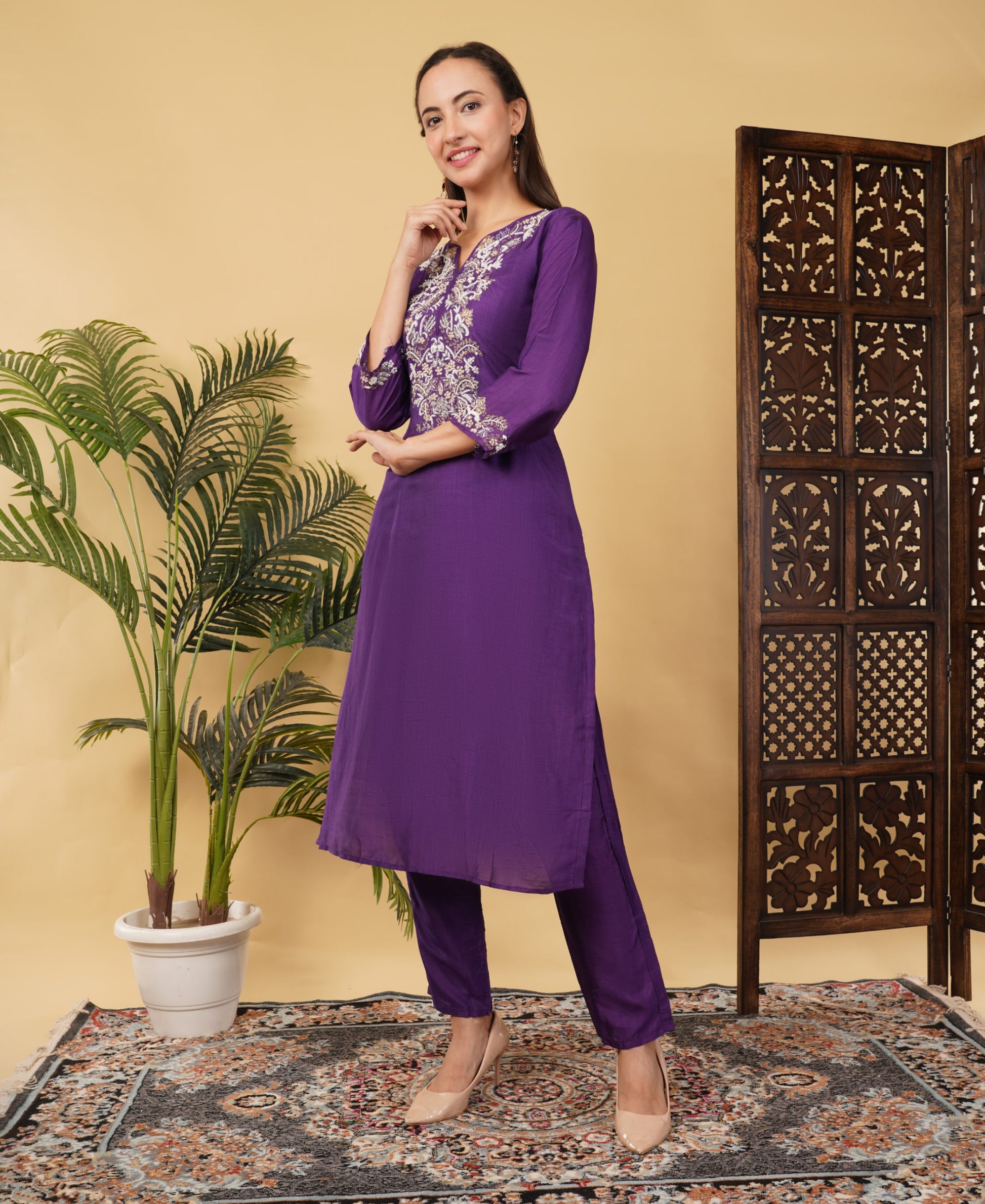 Purple Designer Embroidered Ethnic Kurta Set with Pant & Dupatta - Prisachi Official