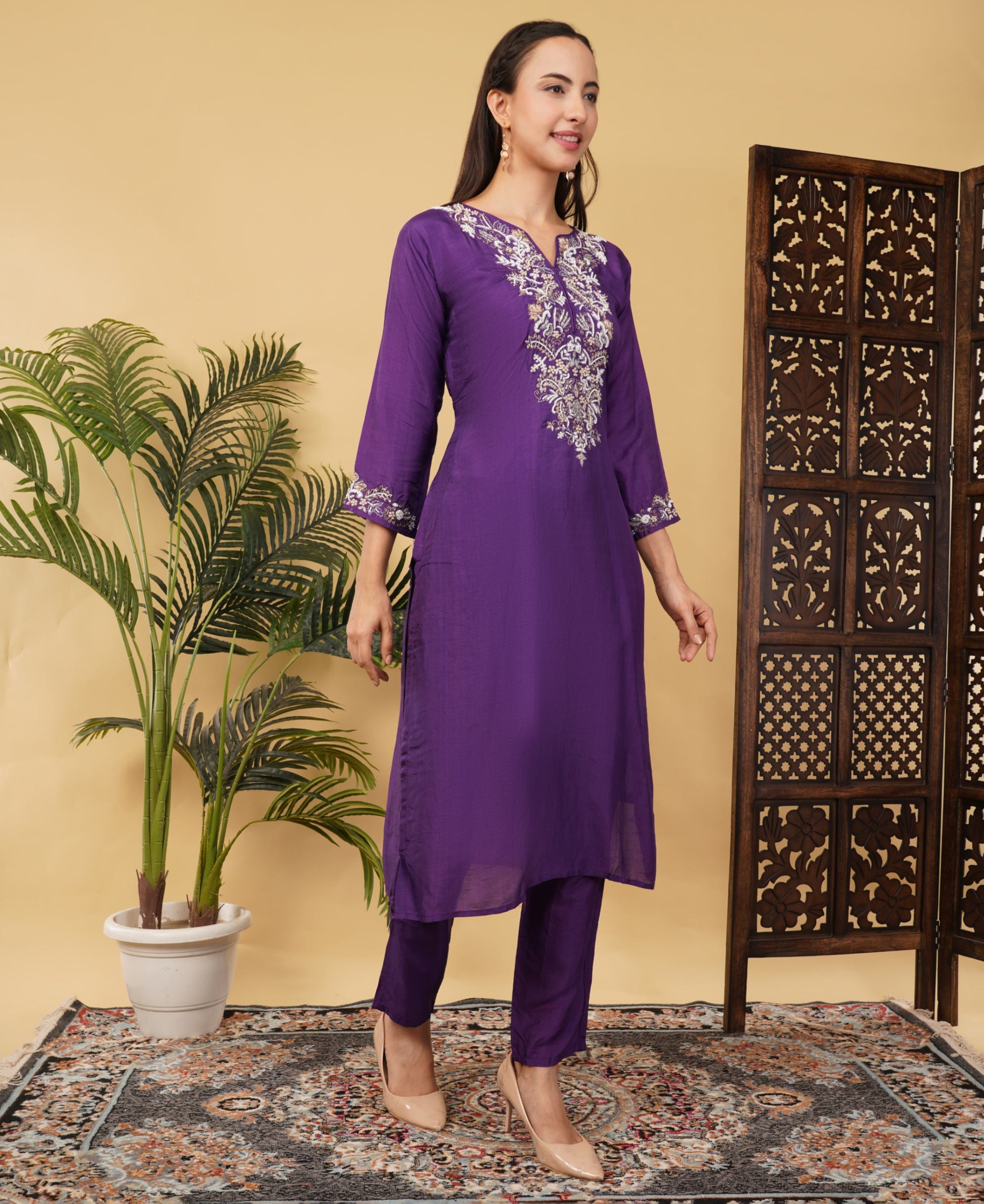 Purple Designer Embroidered Ethnic Kurta Set with Pant & Dupatta - Prisachi Official