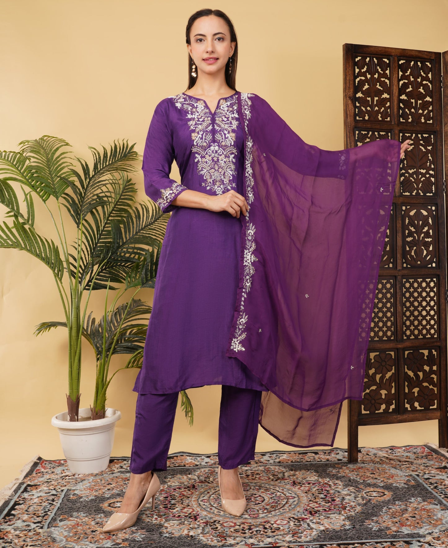 Purple Designer Embroidered Ethnic Kurta Set with Pant & Dupatta - Prisachi Official