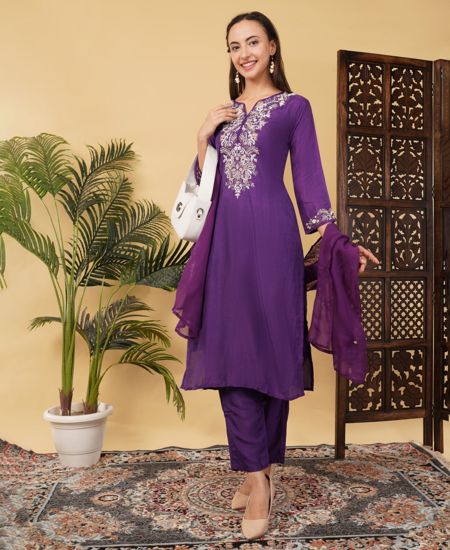 Purple Designer Embroidered Ethnic Kurta Set with Pant & Dupatta - Prisachi Official