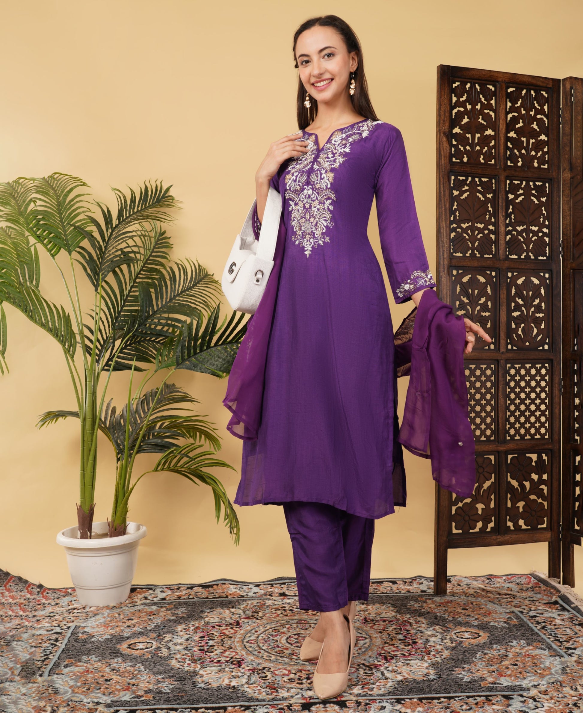 Purple Designer Embroidered Ethnic Kurta Set with Pant & Dupatta - Prisachi Official