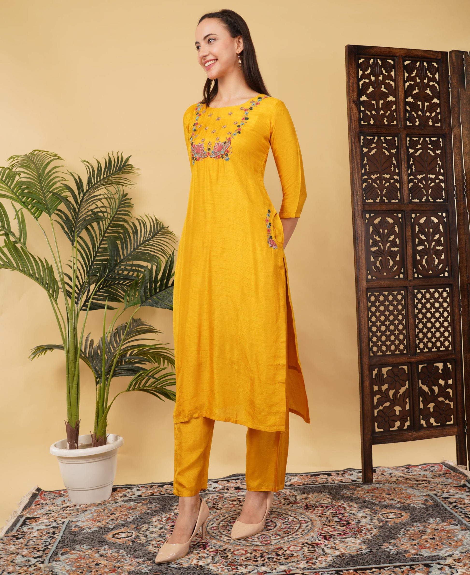 Yellow Designer Ethnic Embroidered Kurta Set with Pant & Dupatta - Prisachi Official