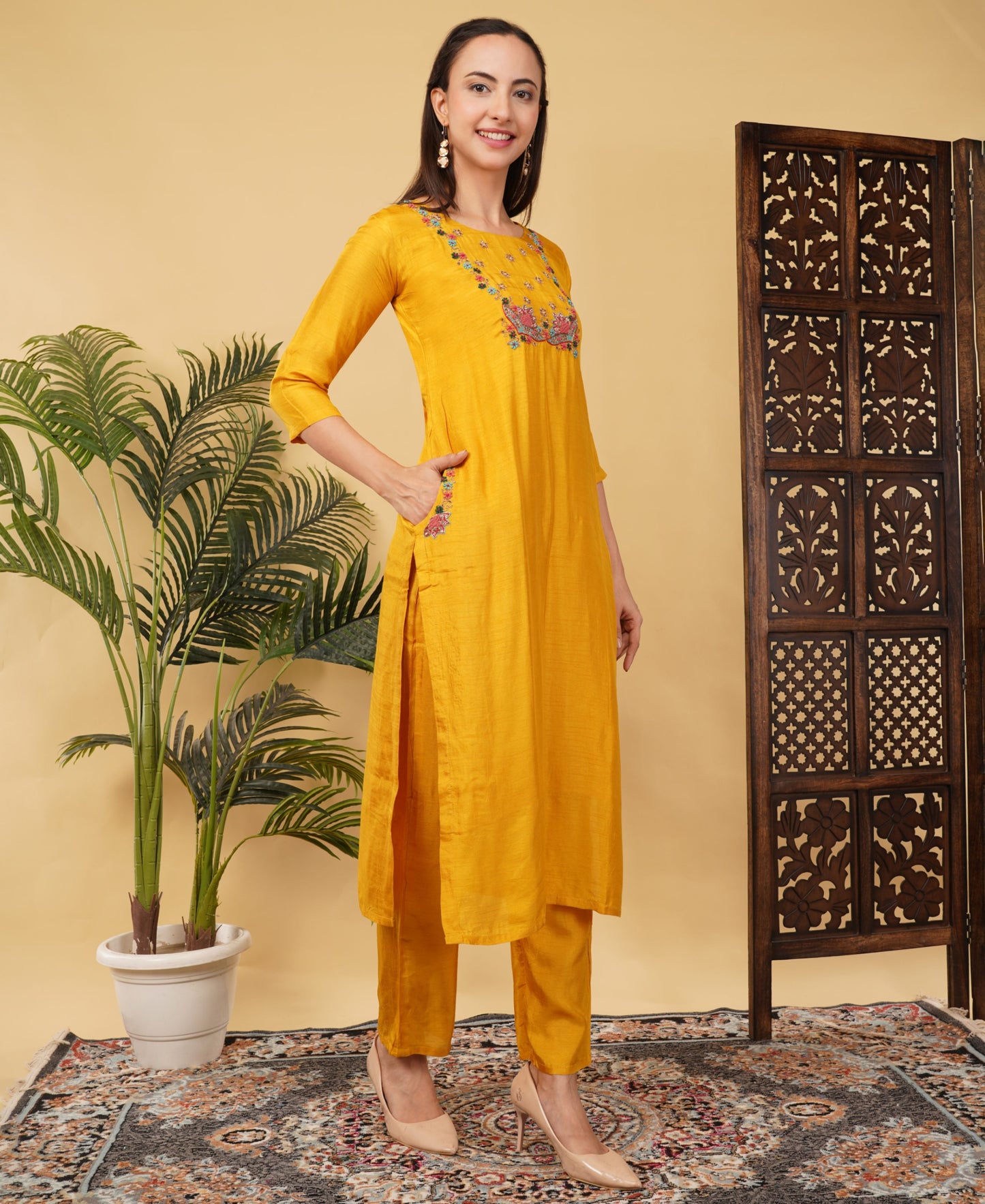 Yellow Designer Ethnic Embroidered Kurta Set with Pant & Dupatta - Prisachi Official