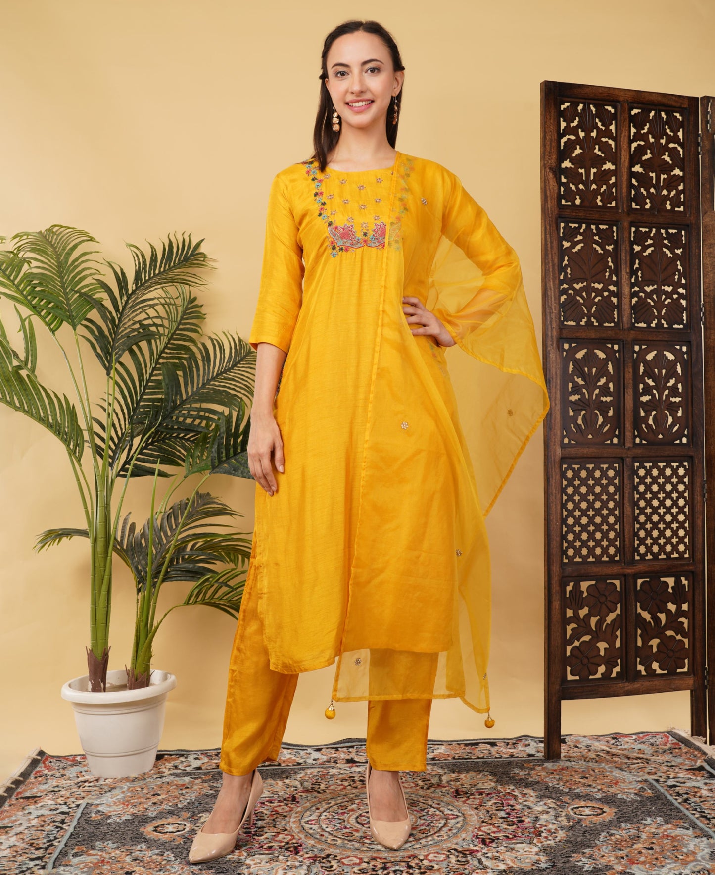 Yellow Designer Ethnic Embroidered Kurta Set with Pant & Dupatta - Prisachi Official
