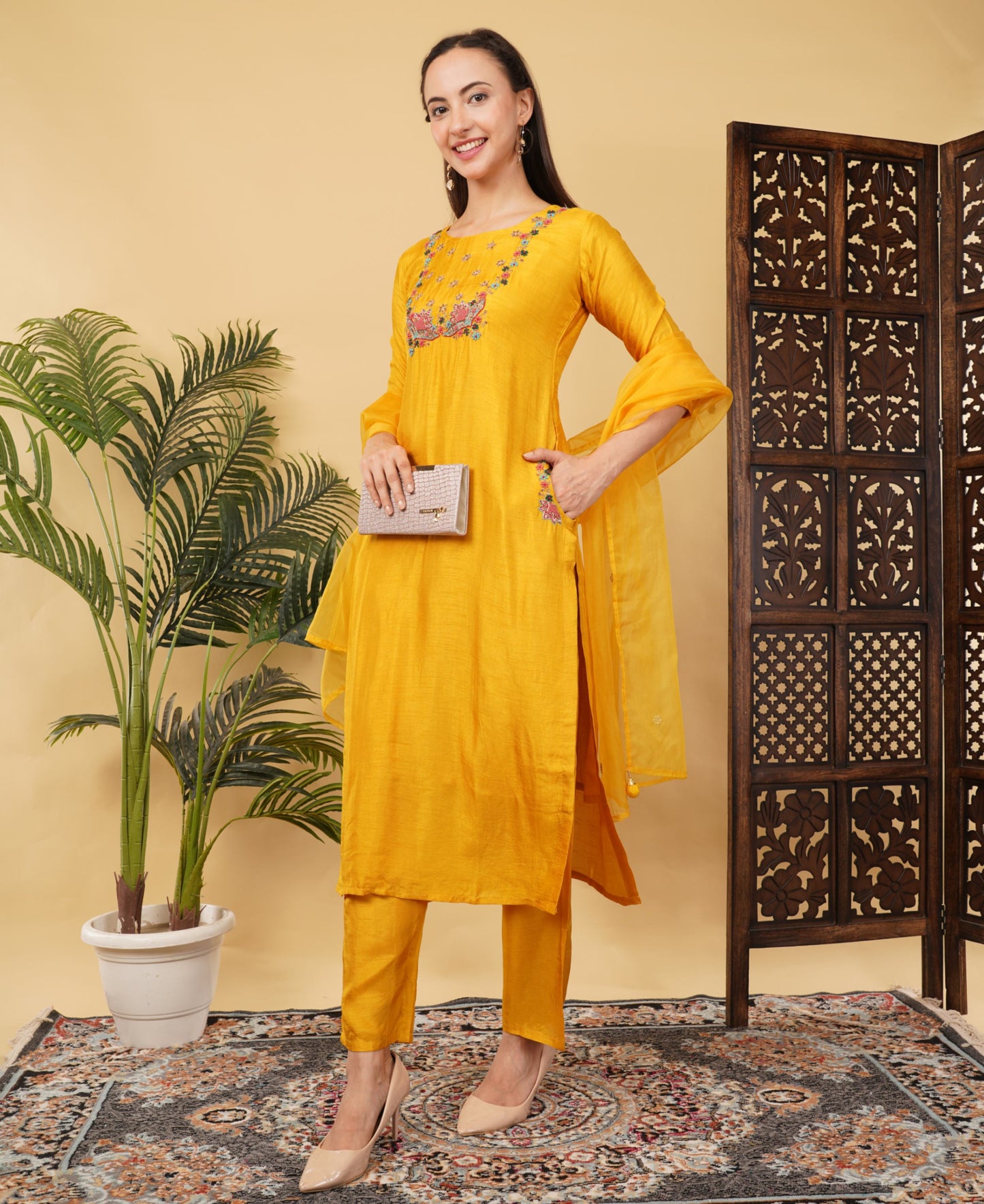 Yellow Designer Ethnic Embroidered Kurta Set with Pant & Dupatta - Prisachi Official