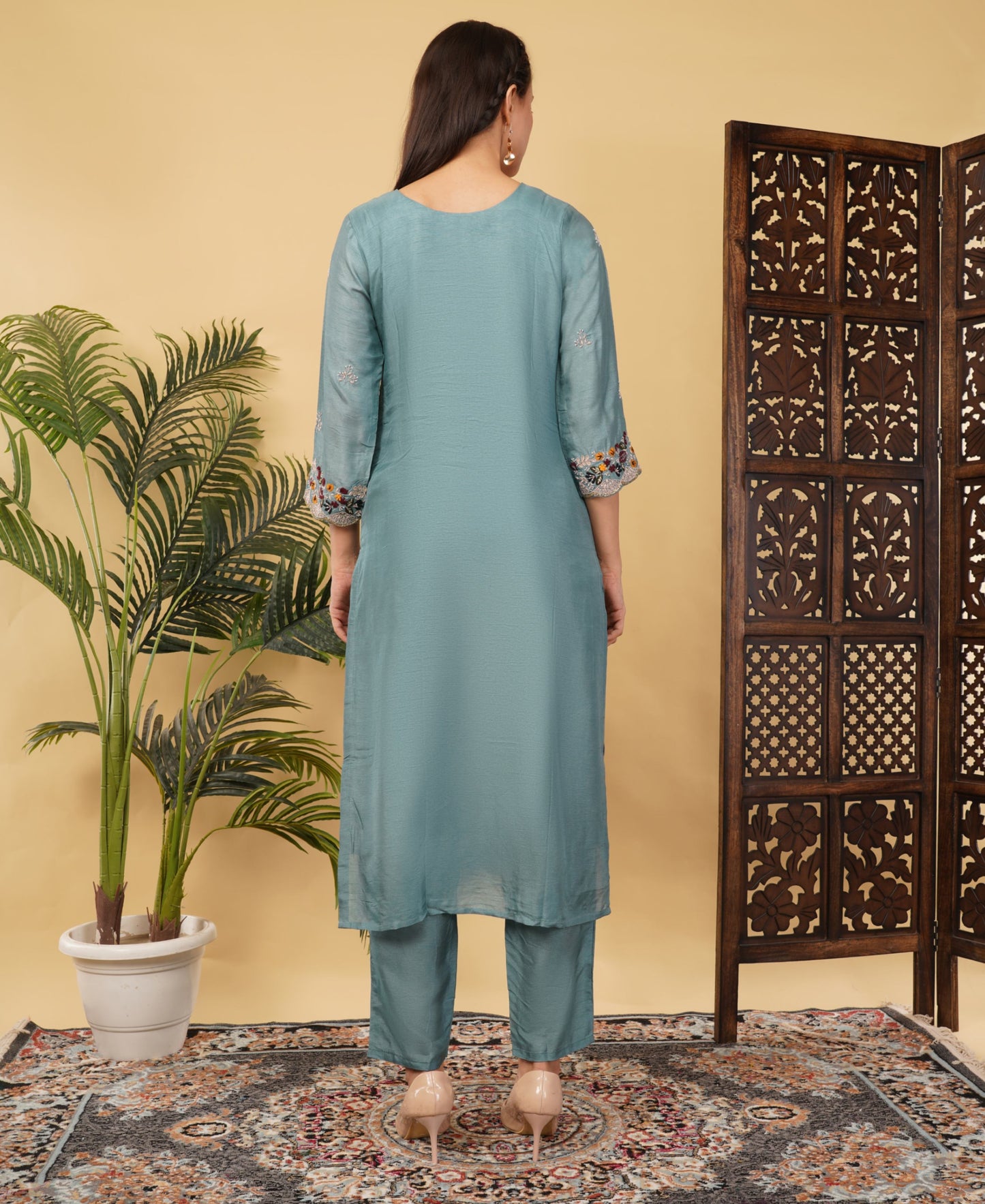 Sky Blue Hand-Embroidered Ethnic Kurta Set with Pants & Dupatta - Prisachi Official