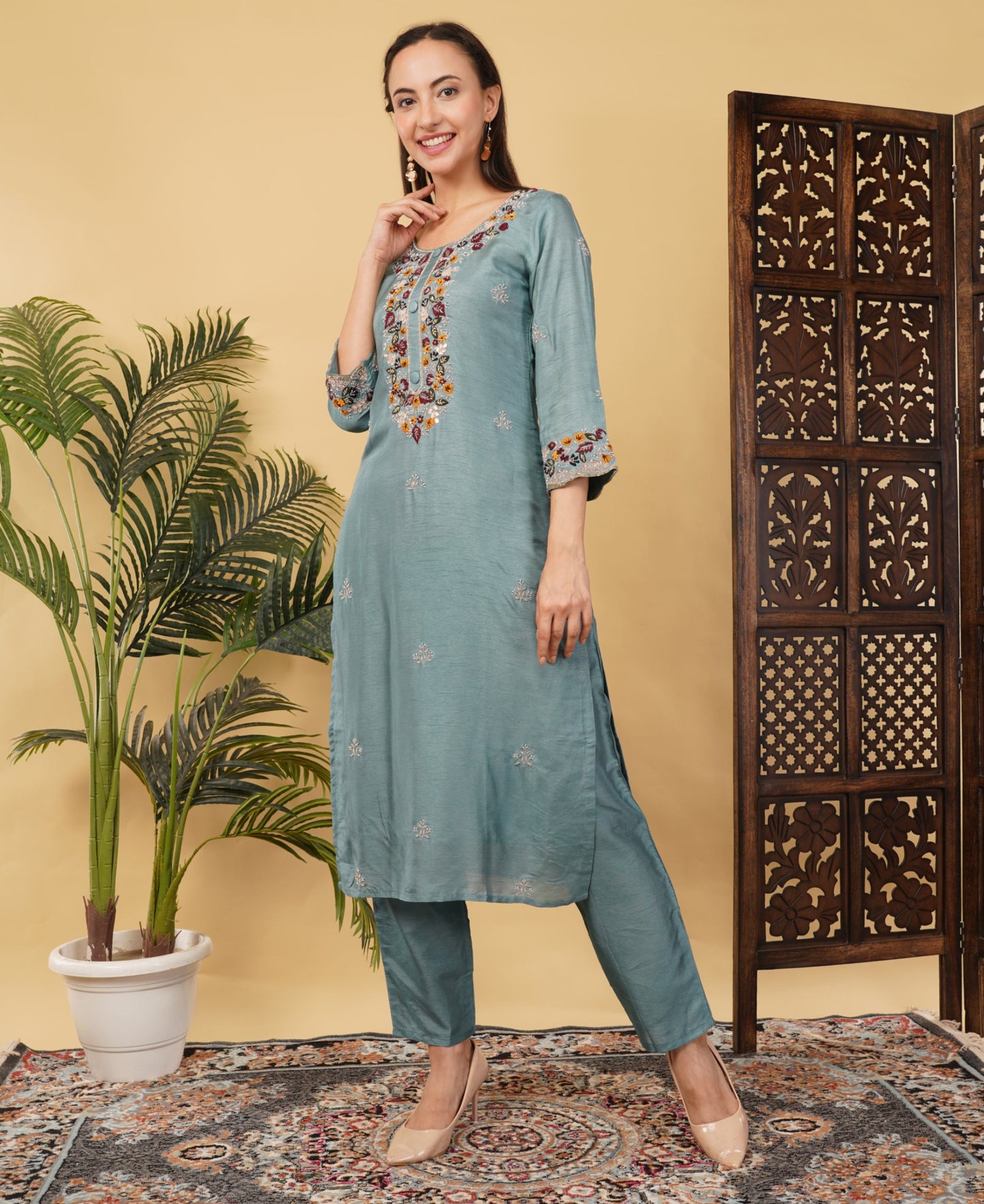 Sky Blue Hand-Embroidered Ethnic Kurta Set with Pants & Dupatta - Prisachi Official