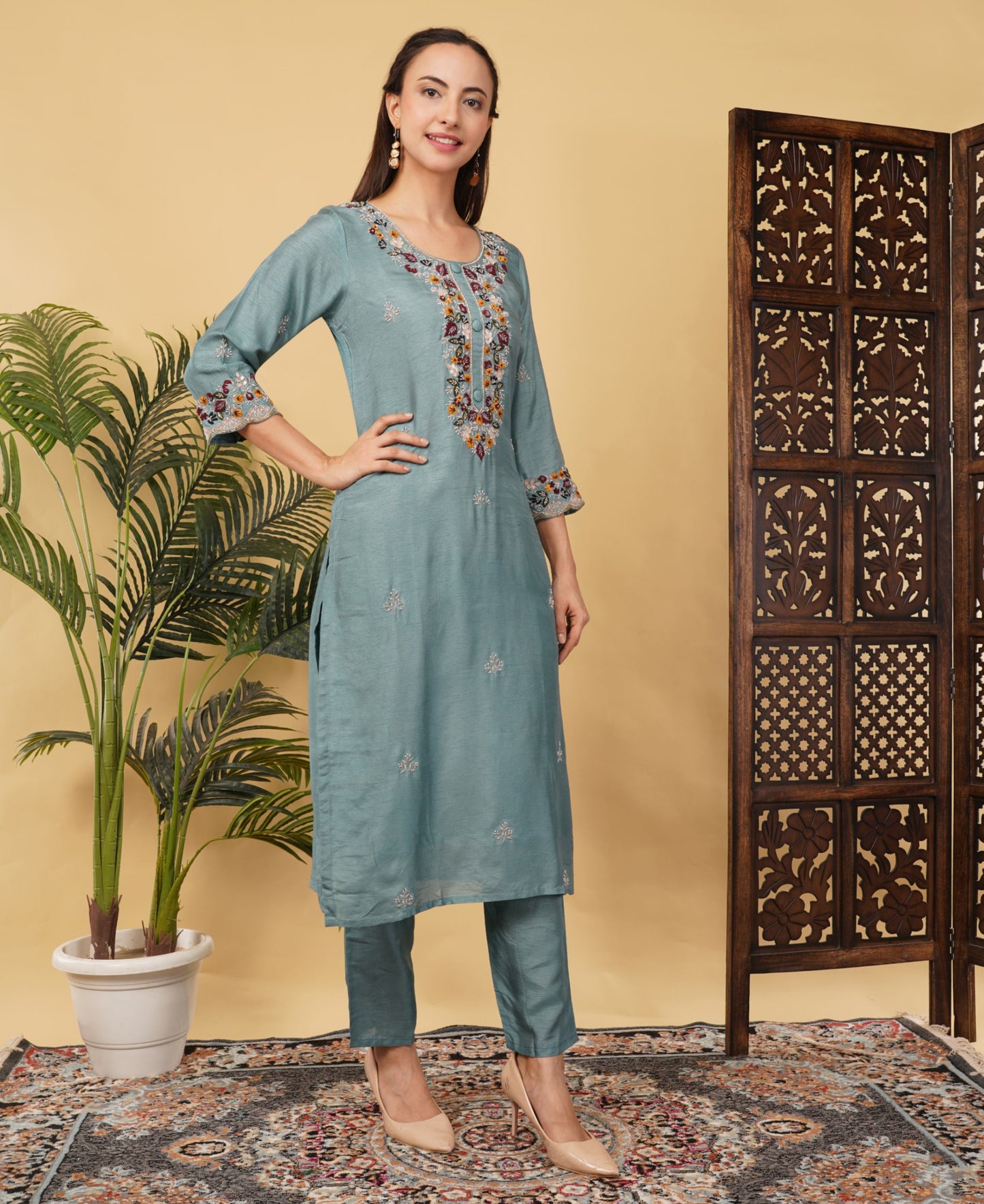 Sky Blue Hand-Embroidered Ethnic Kurta Set with Pants & Dupatta - Prisachi Official