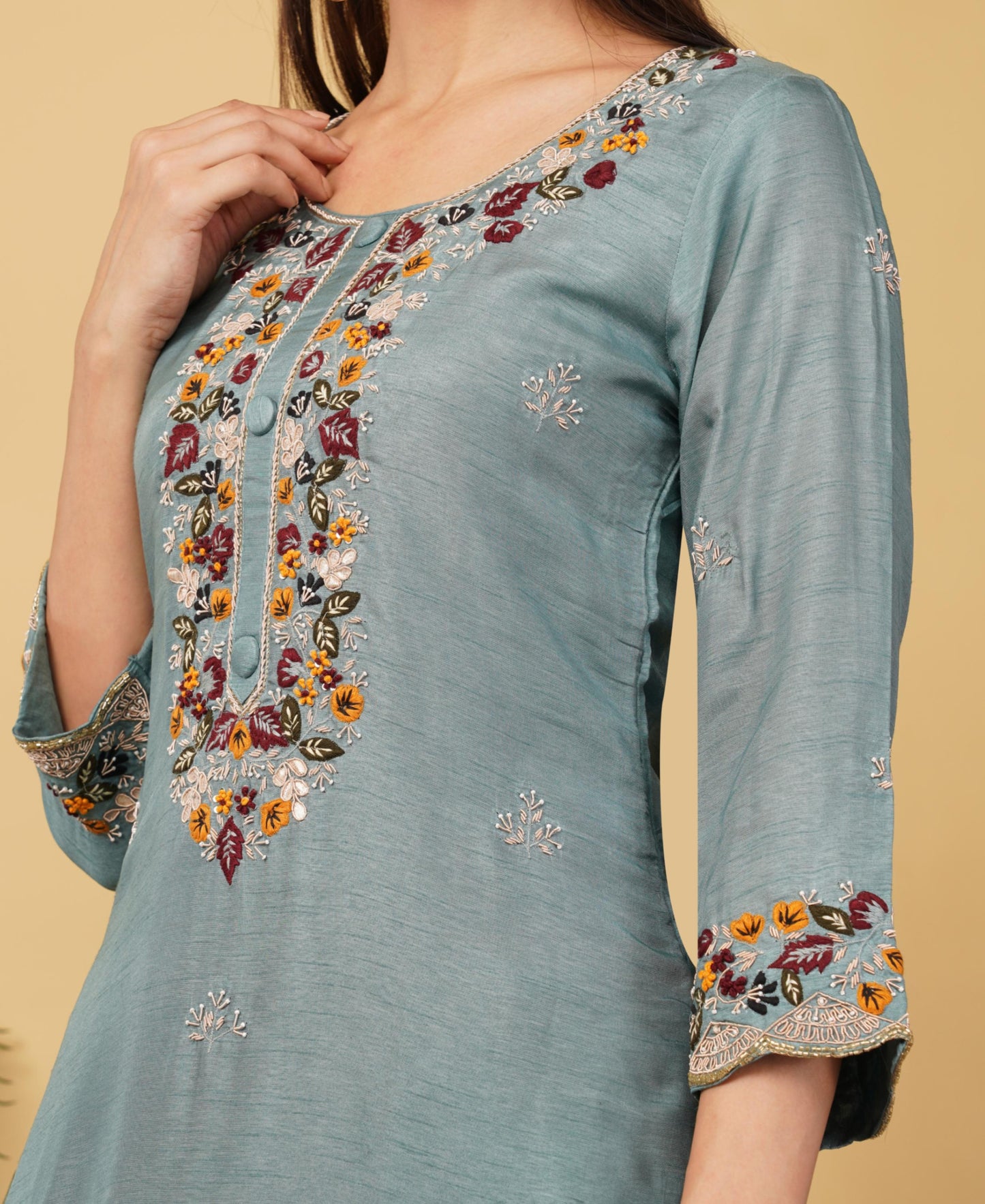 Sky Blue Hand-Embroidered Ethnic Kurta Set with Pants & Dupatta - Prisachi Official
