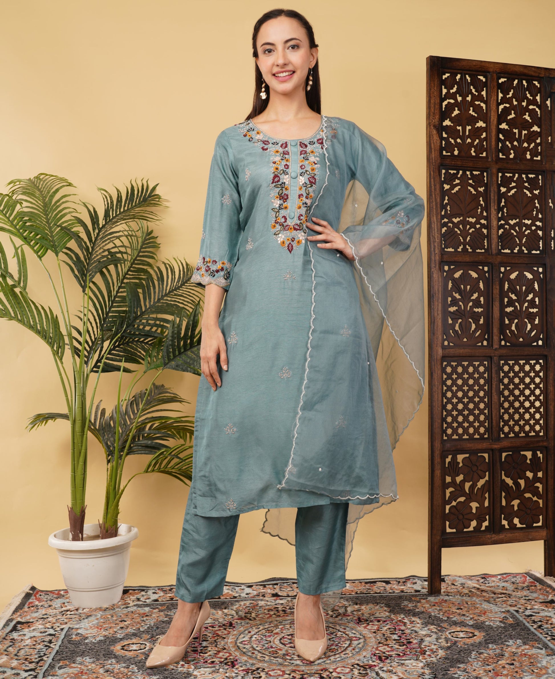 Sky Blue Hand-Embroidered Ethnic Kurta Set with Pants & Dupatta - Prisachi Official