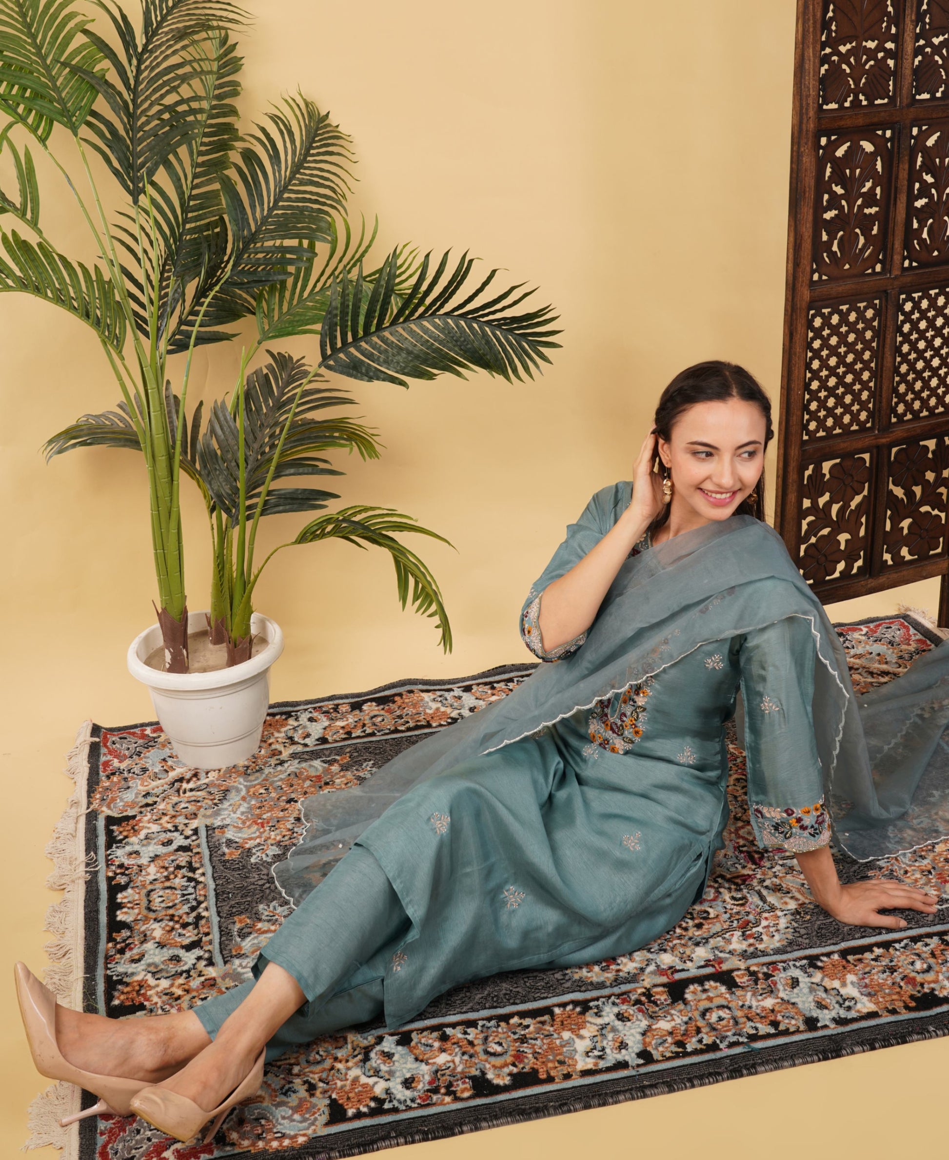 Sky Blue Hand-Embroidered Ethnic Kurta Set with Pants & Dupatta - Prisachi Official